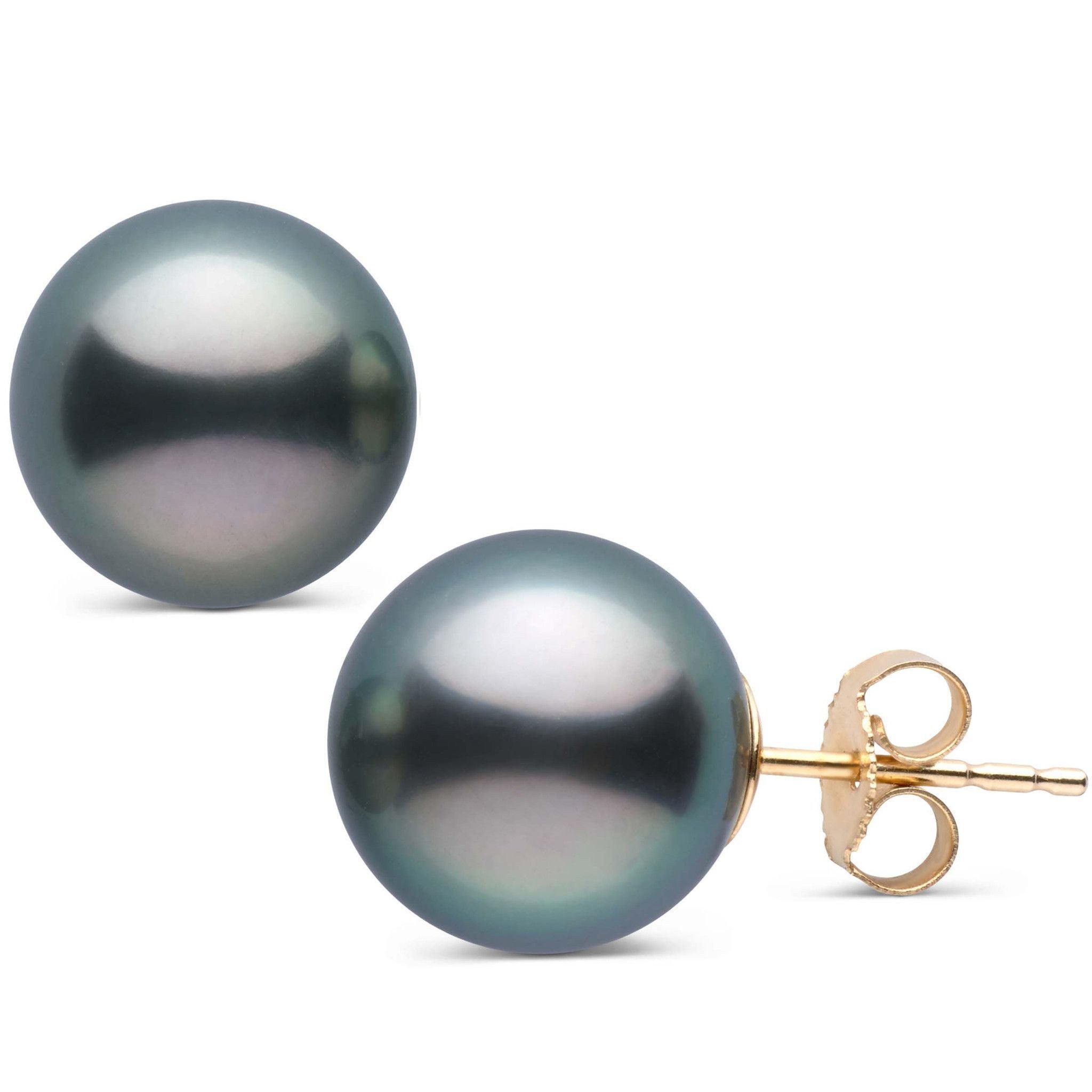 Yellow Gold Posts 11.0-12.0 mm AAA Tahitian Pearl Stud Earrings
