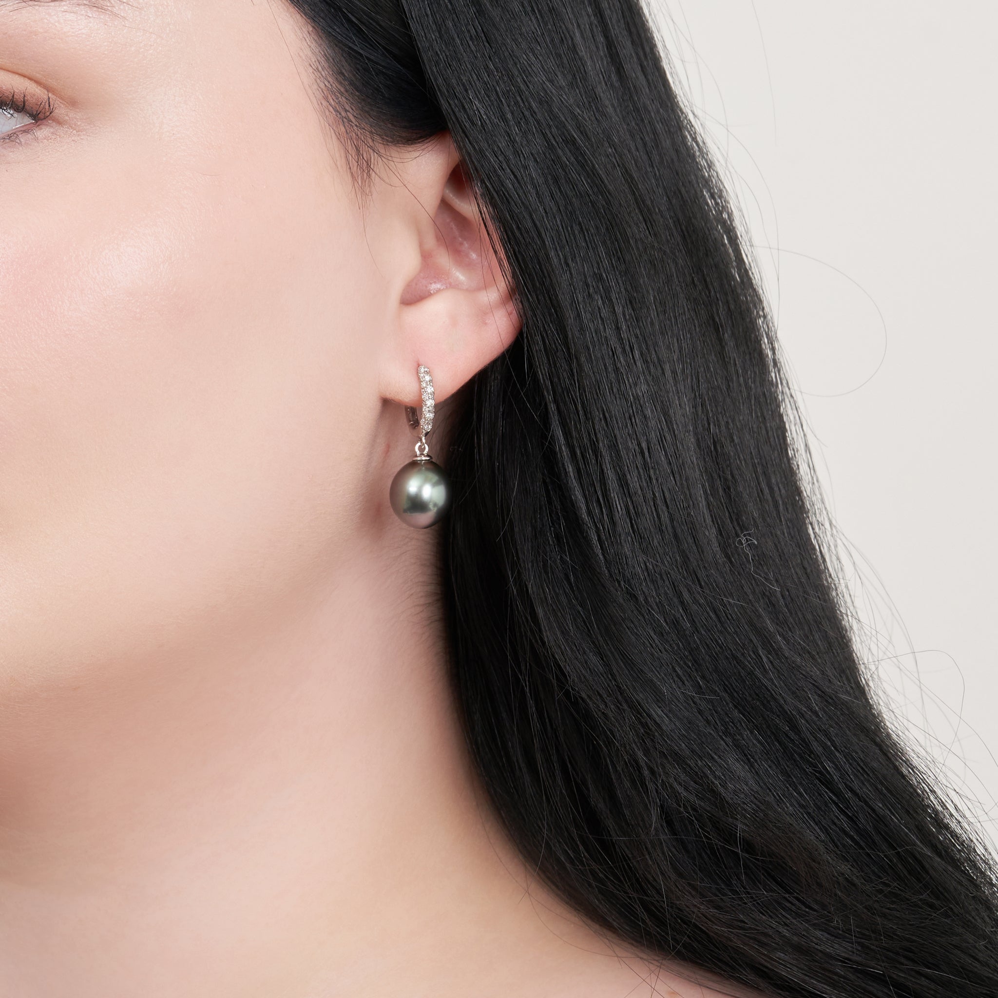 11.0-12.0 mm Tahitian Drop Pearl & Pave Diamond Large Hoop Earrings on model