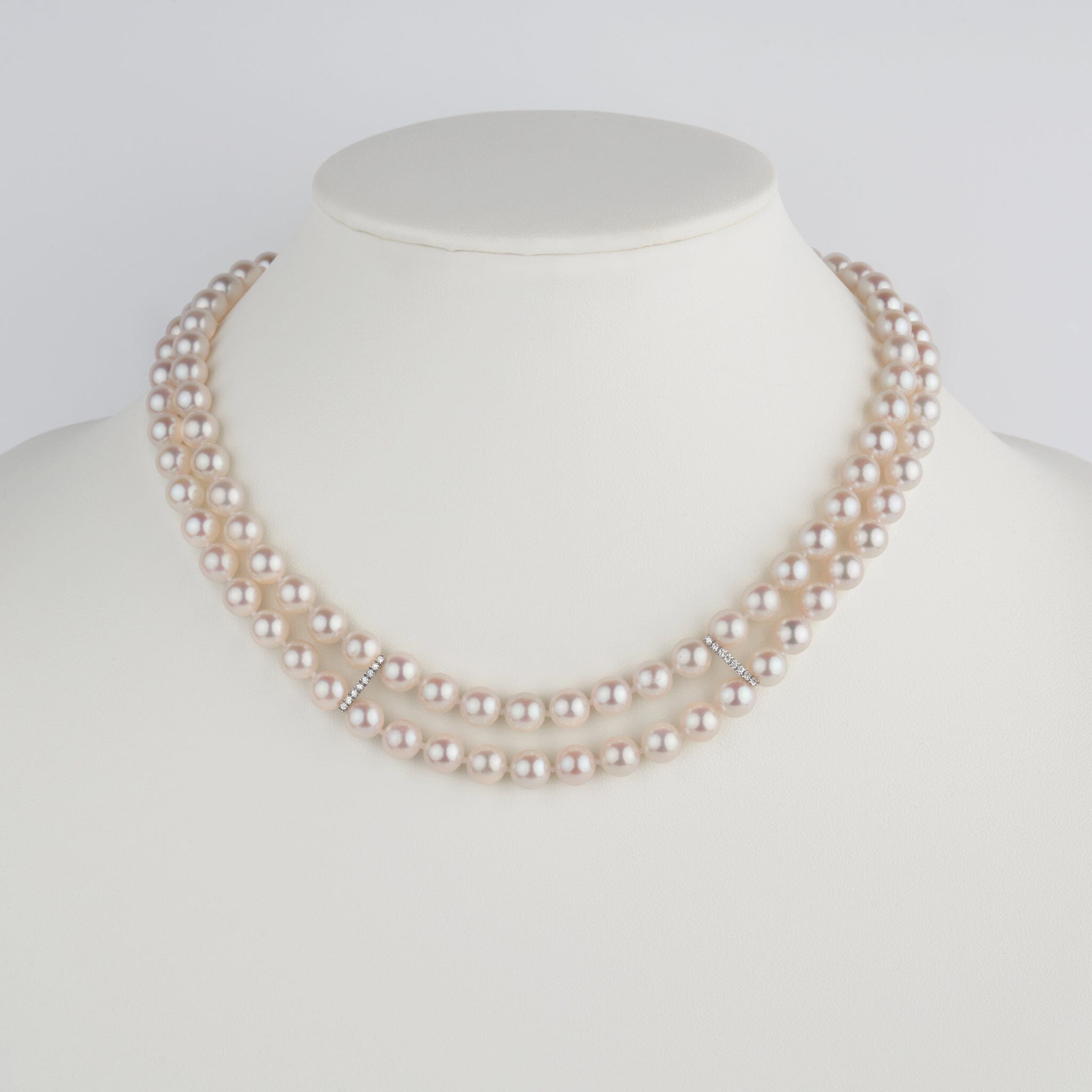 7.0-7.5 mm Double Strand White AAA Akoya Pearl and Diamond Necklace
