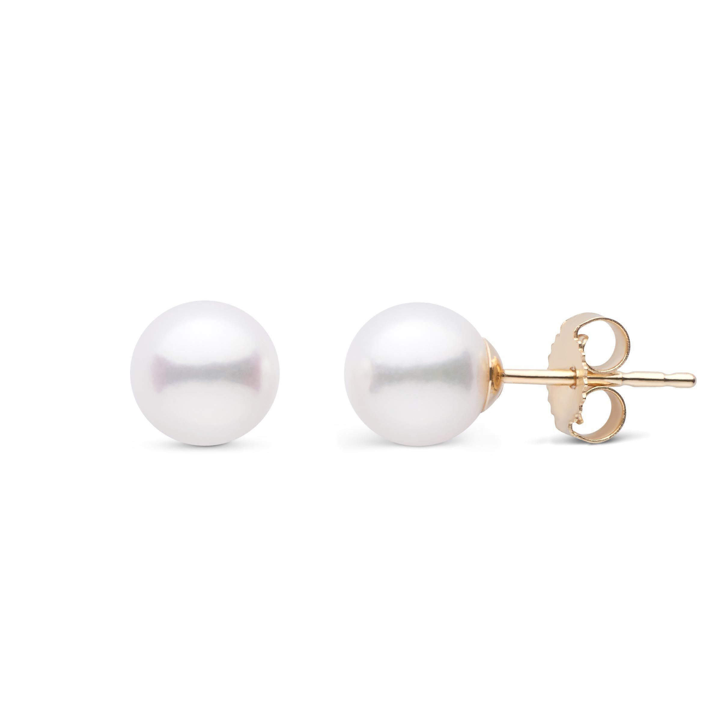 6.0-6.5 mm AA+ White Akoya Pearl Stud Earrings Yellow Gold