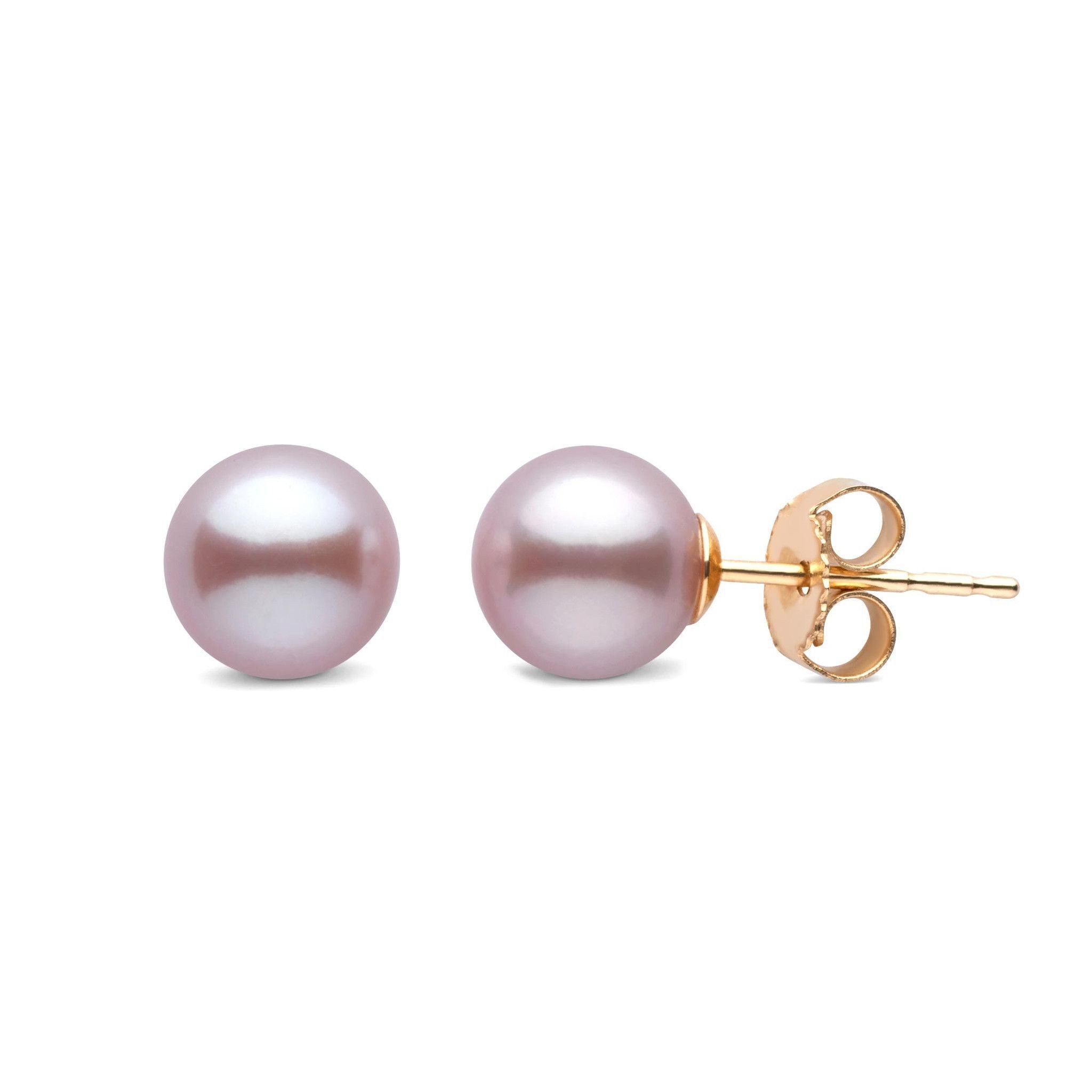 6.5-7.0 mm AAA Lavender Freshwater Pearl Stud Earrings yellow gold