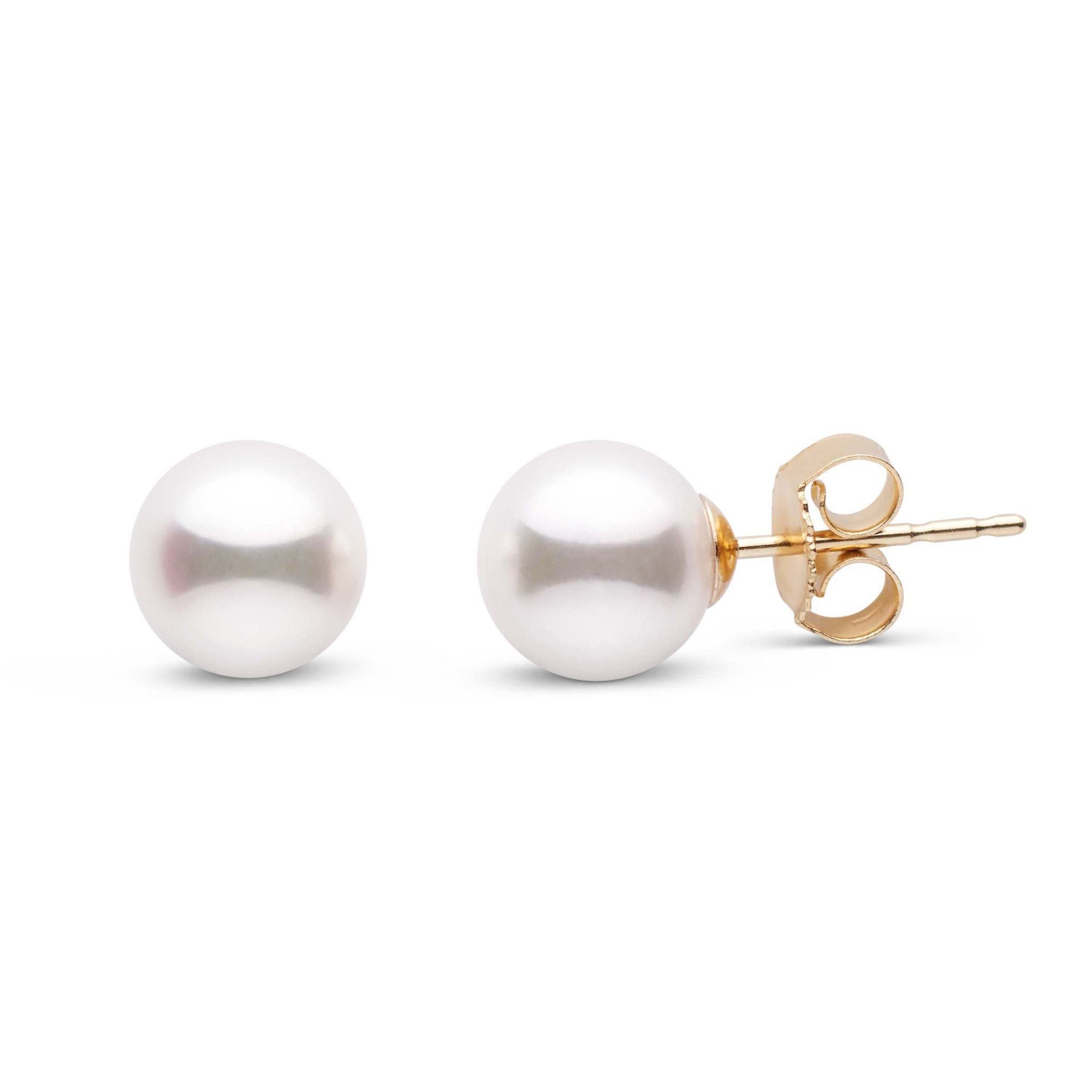 6.5-7.0 mm White Akoya AA+ Pearl Stud Earrings Yellow Gold