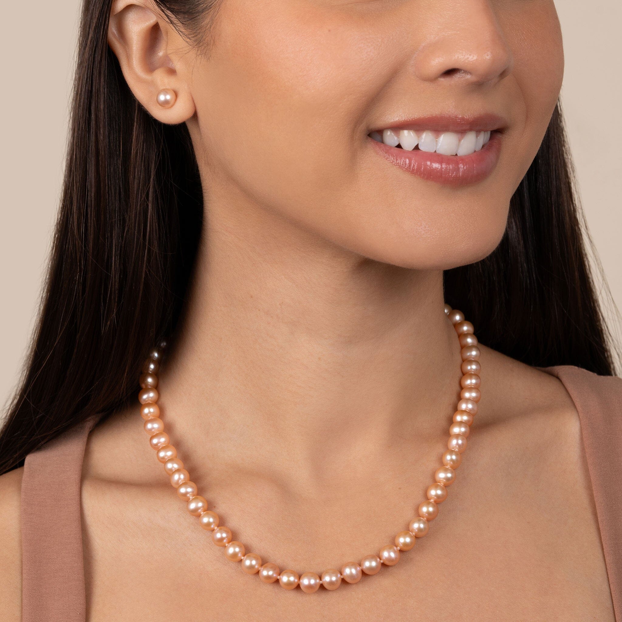 7.5-8.0 mm AA+ Pink to Peach Freshwater Pearl Necklace 18 inch