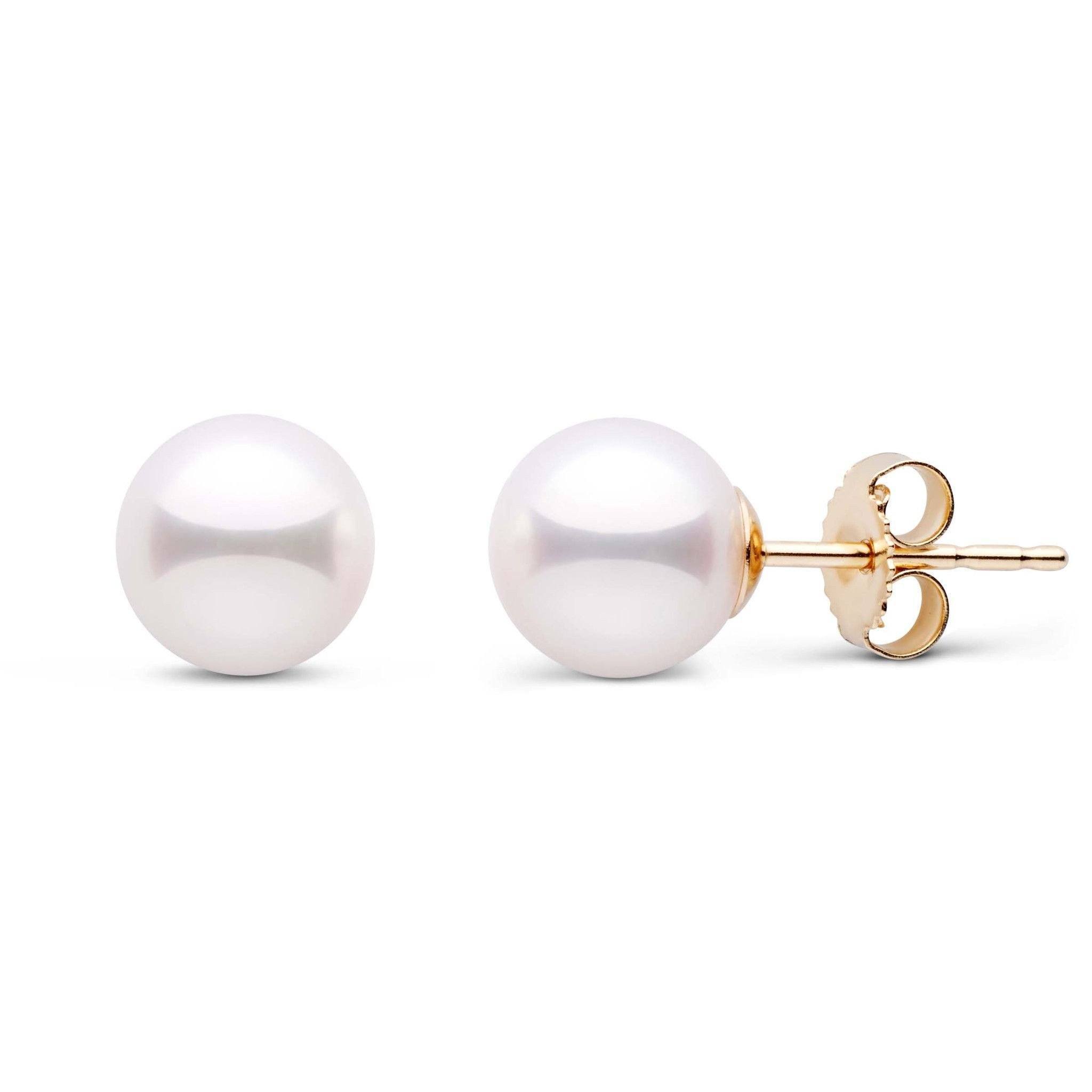 7.0-7.5 mm White Akoya AAA Pearl Stud Earrings Yellow Gold