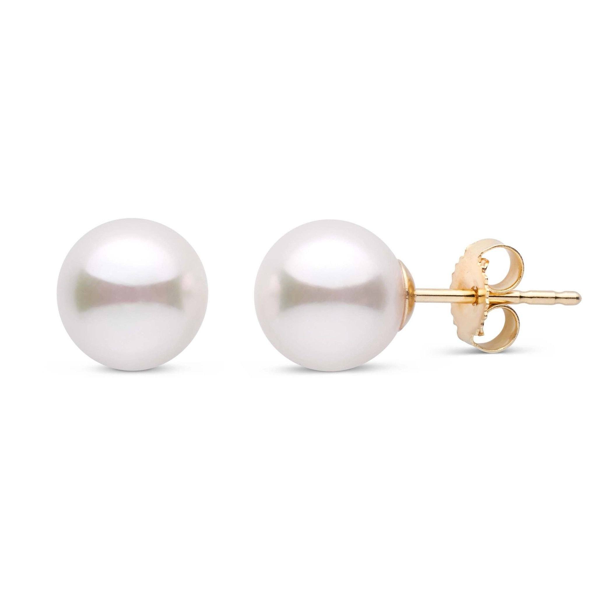 7.5-8.0 mm White Akoya AA+ Pearl Stud Earrings yellow gold