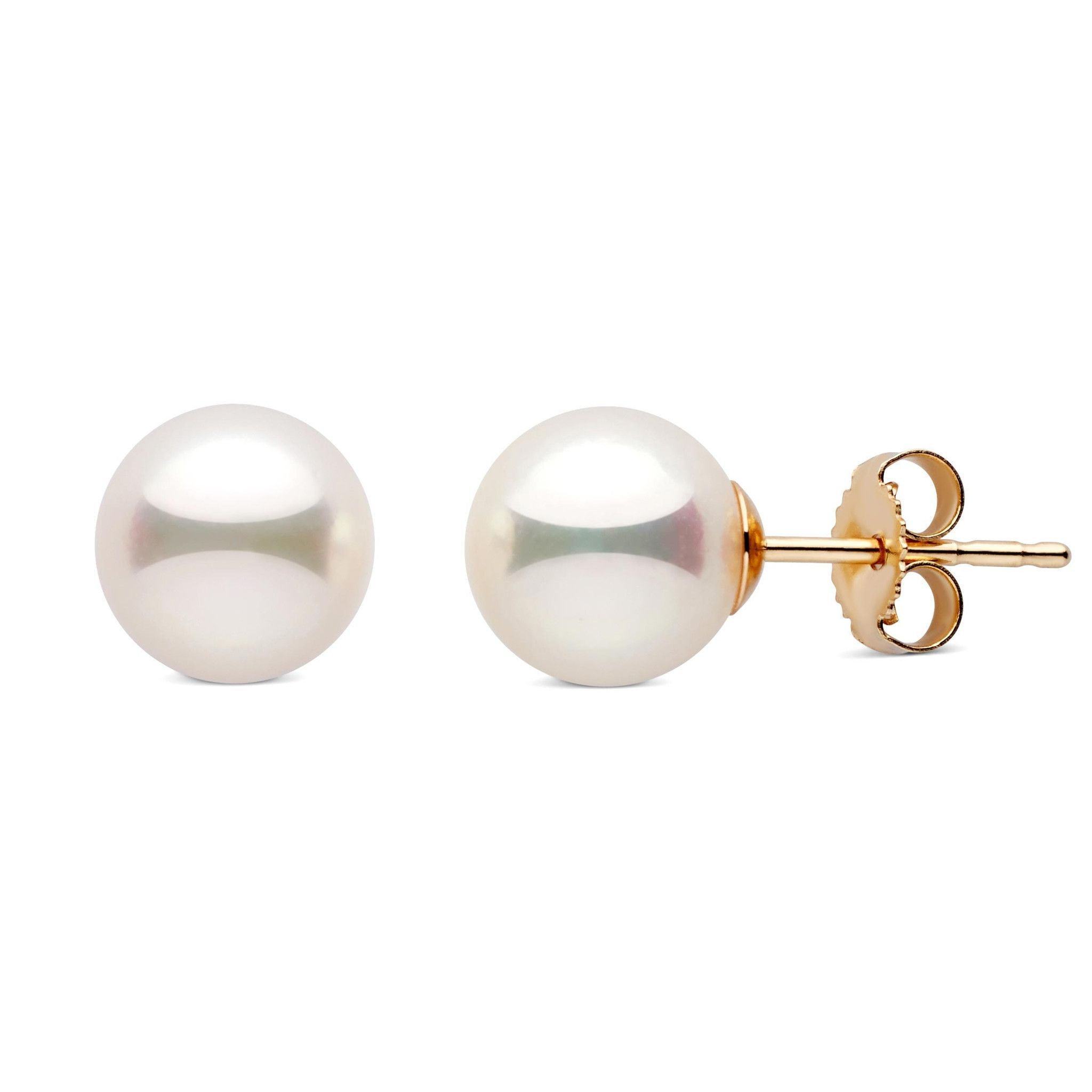 7.5-8.0 mm White Akoya AAA Pearl Stud Earrings yellow gold studs