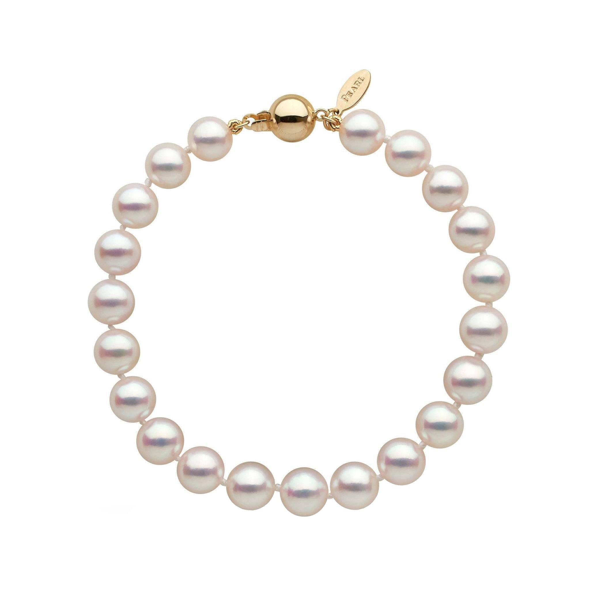 Certified 7.5-8.0 mm White Hanadama Akoya Pearl Bracelet yellow gold