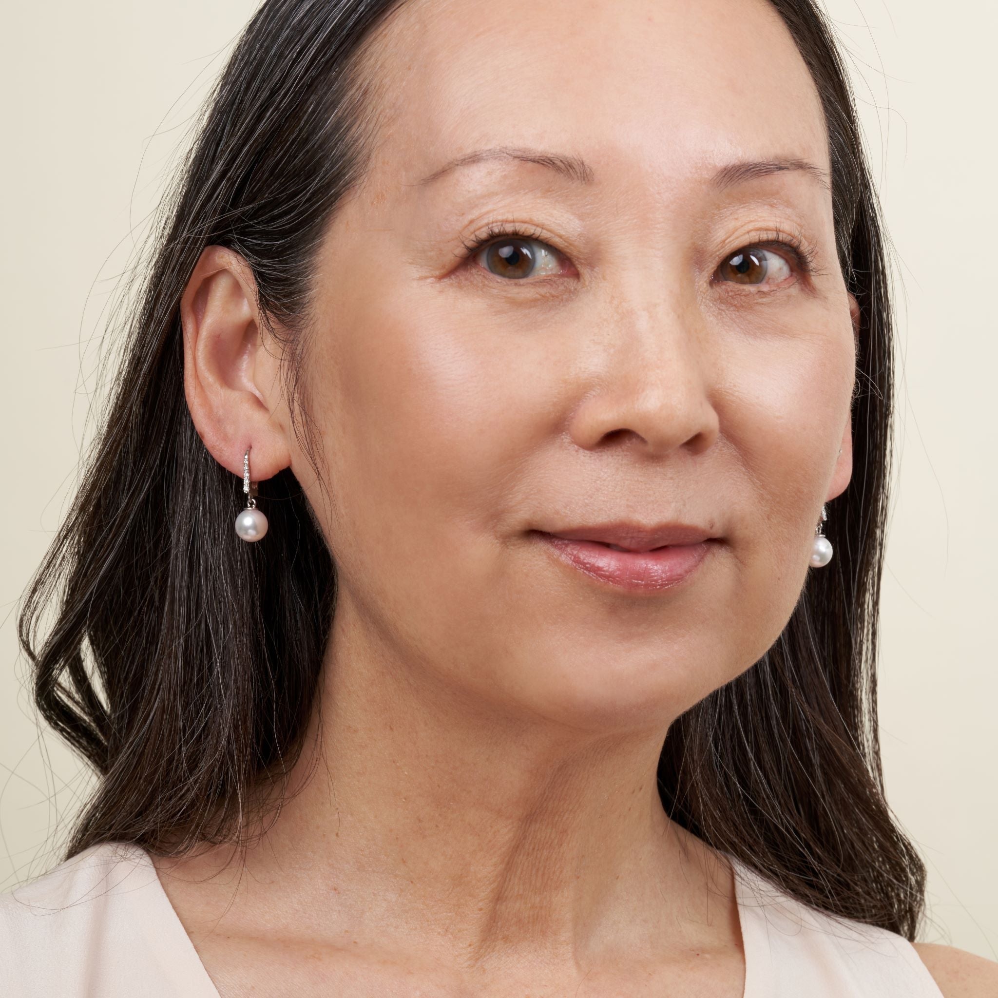 Allure Collection Akoya 8.0-8.5 mm Pearl & Diamond Dangle Earrings on Model in white gold