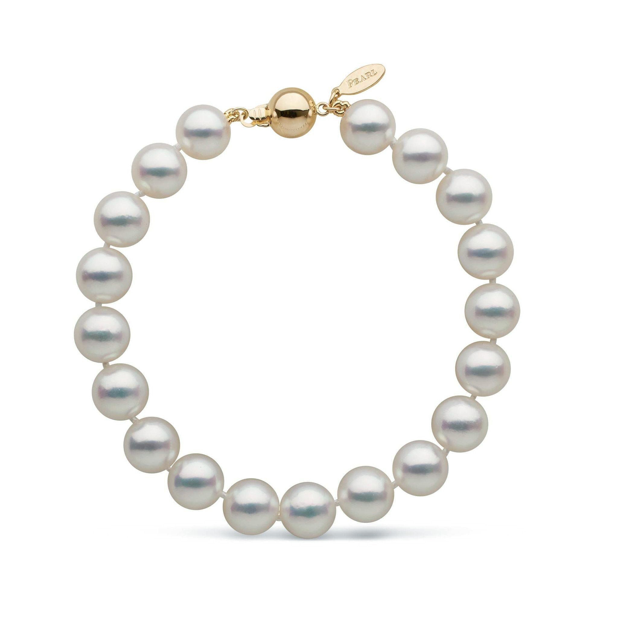 Certified 8.5-9.0 mm Natural White Hanadama Akoya Pearl Bracelet yellow gold clasp