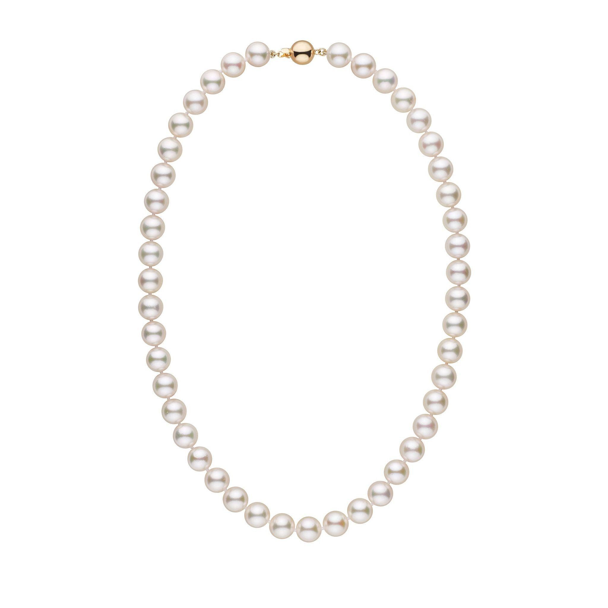 9.0-9.5 mm 18 Inch AA+ White Akoya Pearl Necklace yellow gold