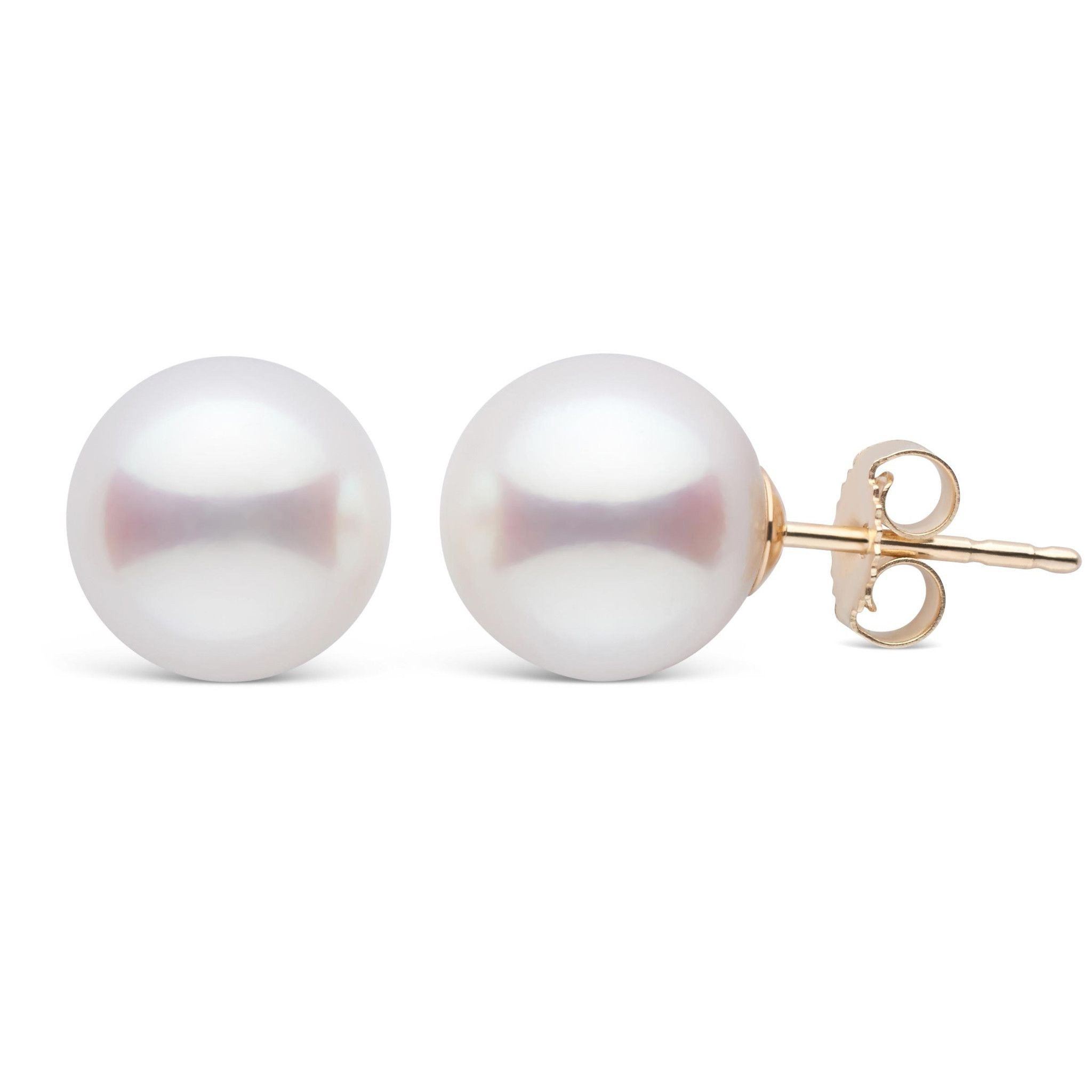 9.0-9.5 mm White Akoya AA+ Pearl Stud Earrings yellow gold