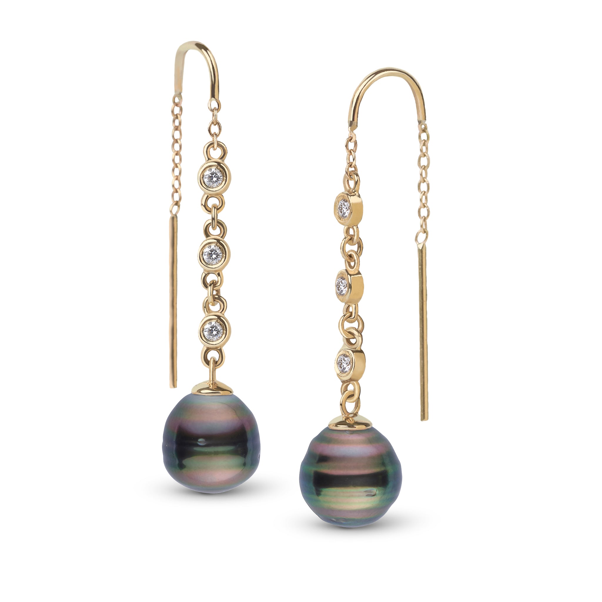 9.0-10.0 mm Tahitian Baroque Pearl and Diamond Threader Earrings Yellow Gold