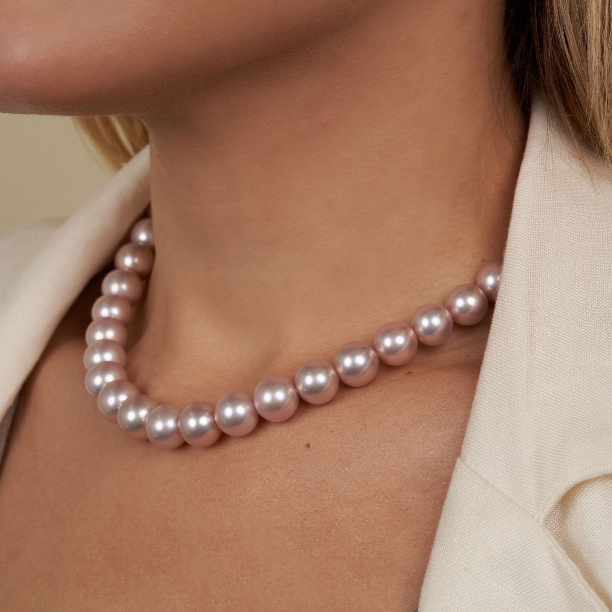 9.7-11.8 mm Rosewater Pink Edison Freshwater Pearl Necklace on model angle