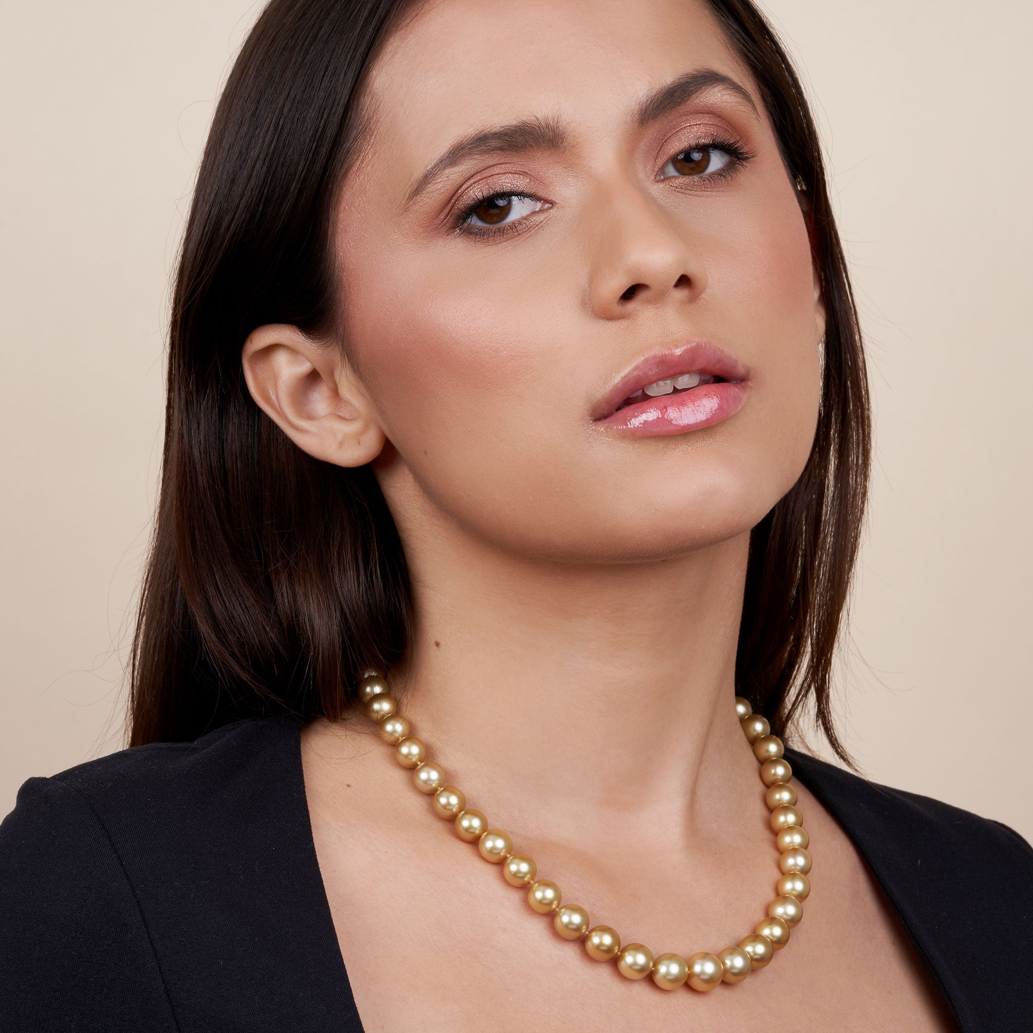 8.4-11.6 mm AA+/AAA Round Golden South Sea Pearl Necklace on model