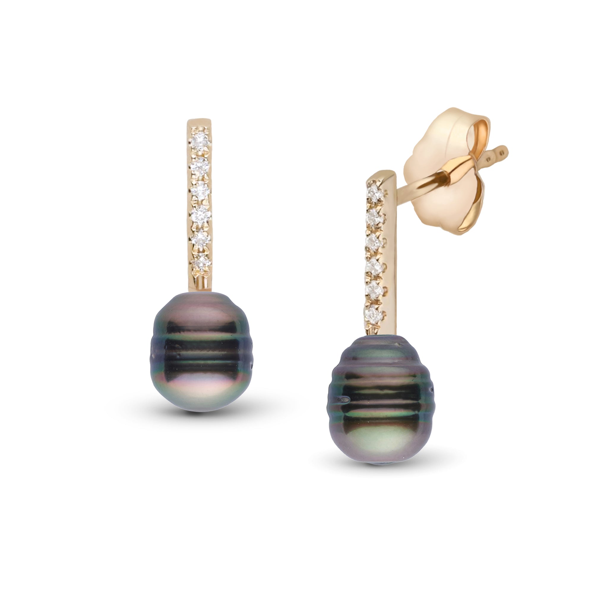 Petite Diamond Bar Collection 8.0-9.0 Tahitian Baroque Pearl Earrings Yellow Gold