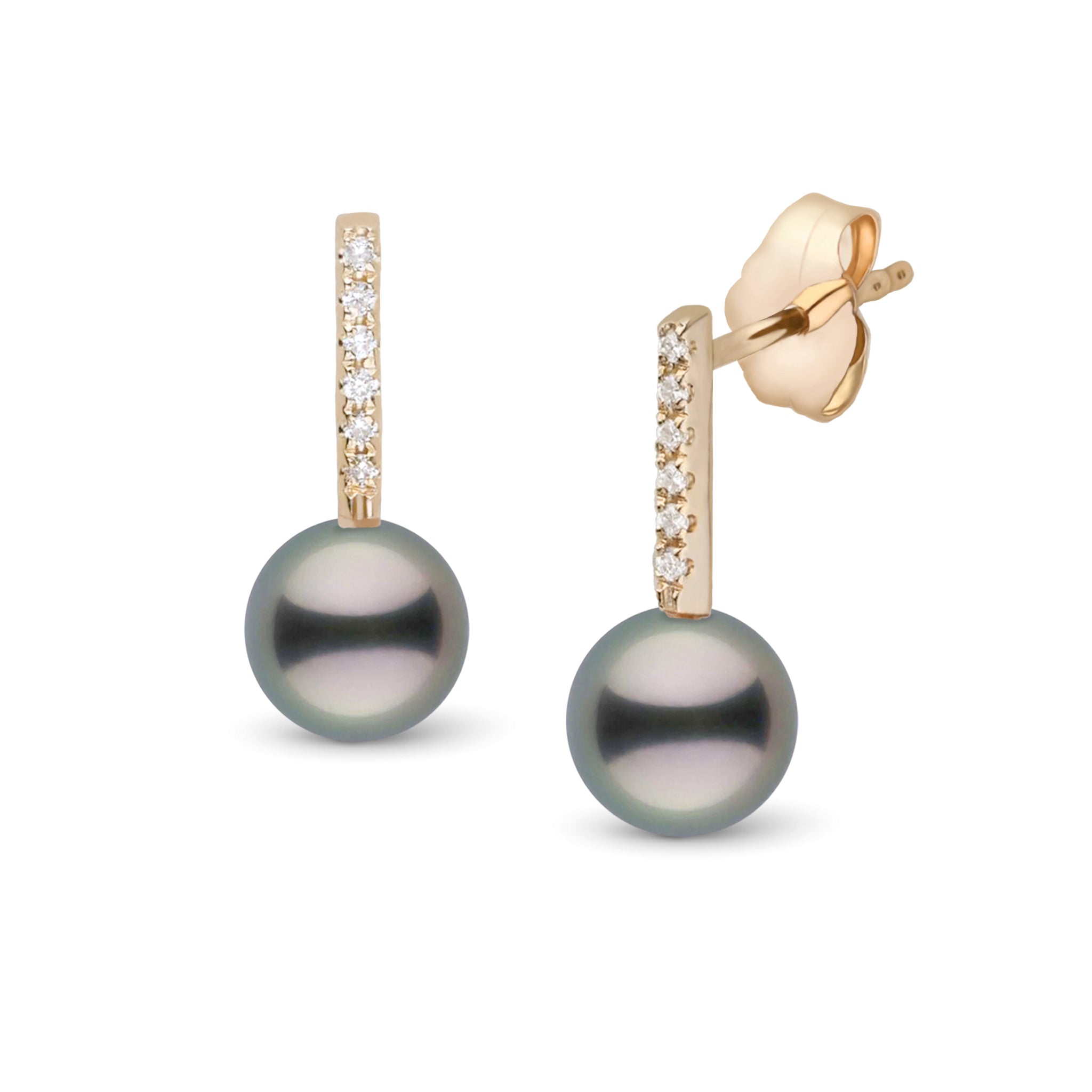Petite Diamond Bar Collection 8.0-9.0 Tahitian Pearl Earrings Yellow Gold