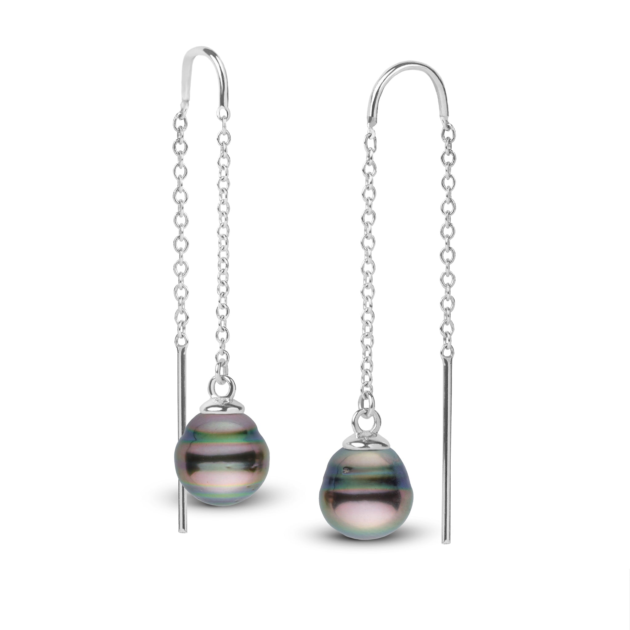 8.0-9.0 mm Tahitian Baroque Pearl Threader Earrings White Gold