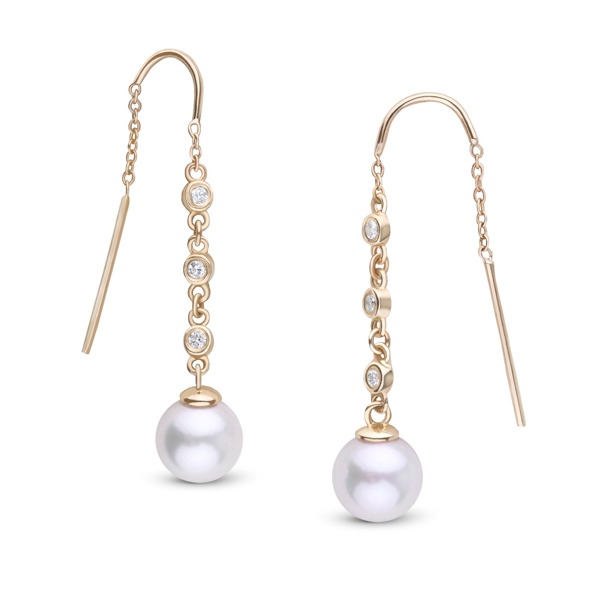 7.5-8.0 mm Akoya Pearl and Diamond Threader Earrings Yellow Gold