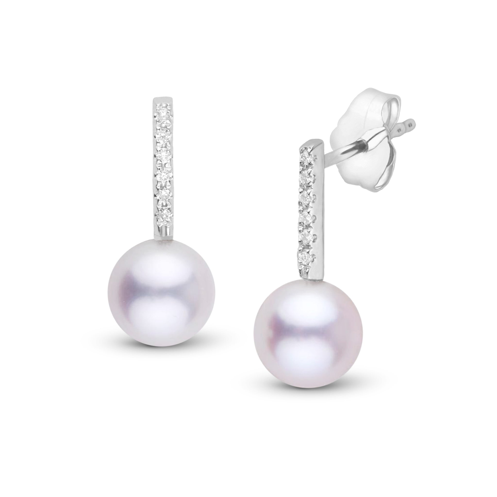 Petite Diamond Bar Collection 6.5-7.0 mm Akoya Pearl and Diamond Earrings White Gold