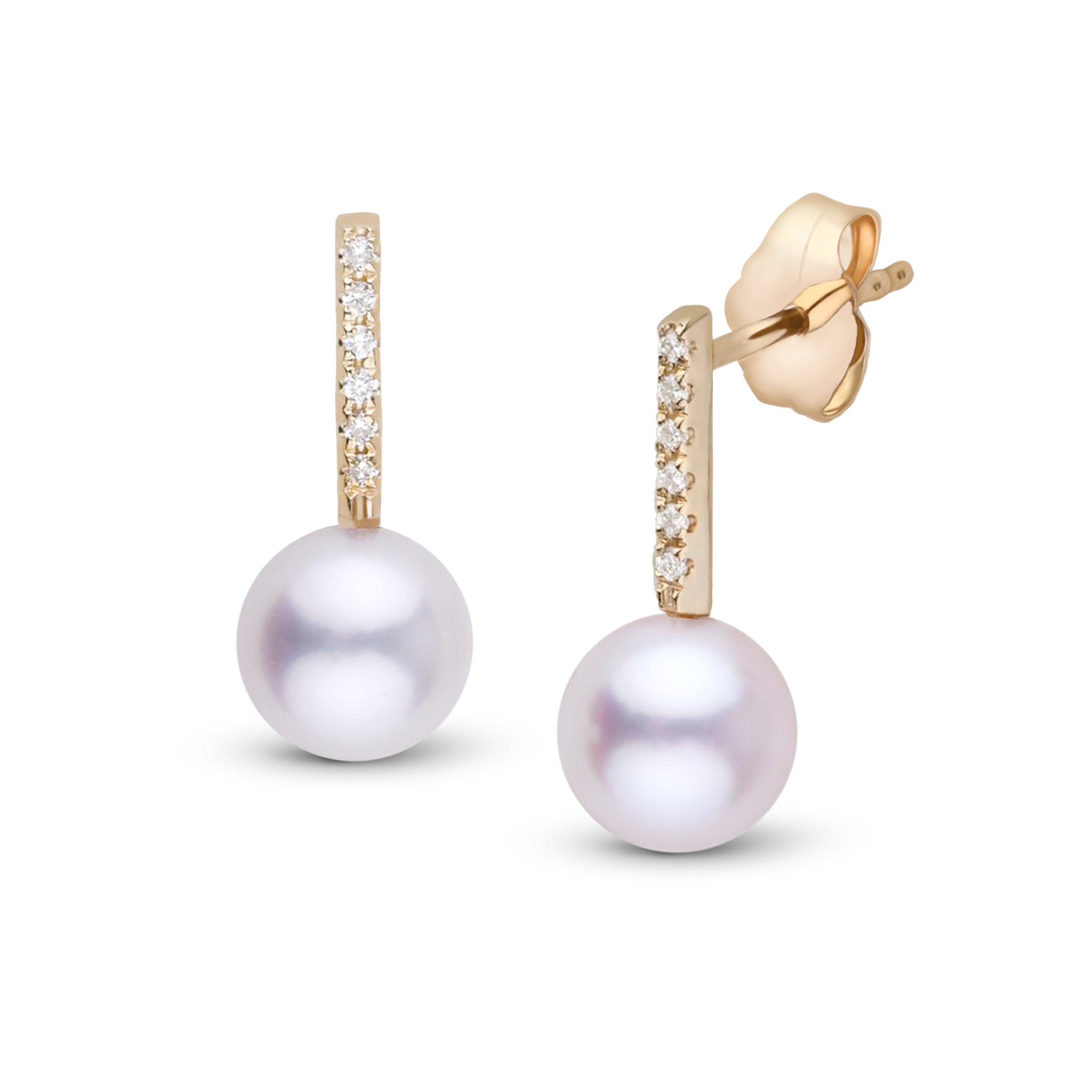 Petite Diamond Bar Collection 6.5-7.0 mm Akoya Pearl and Diamond Earrings Yellow Gold