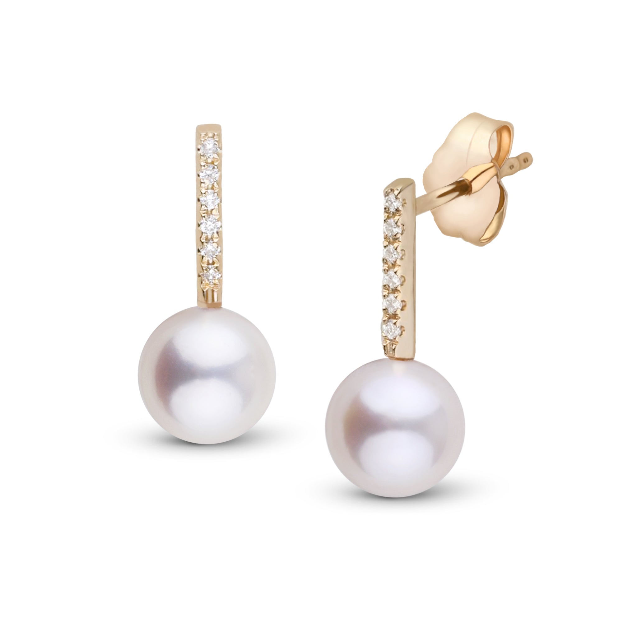 Petite Diamond Bar Collection 6.5-7.0 mm Freshadama Pearl and Diamond Earrings Yellow Gold