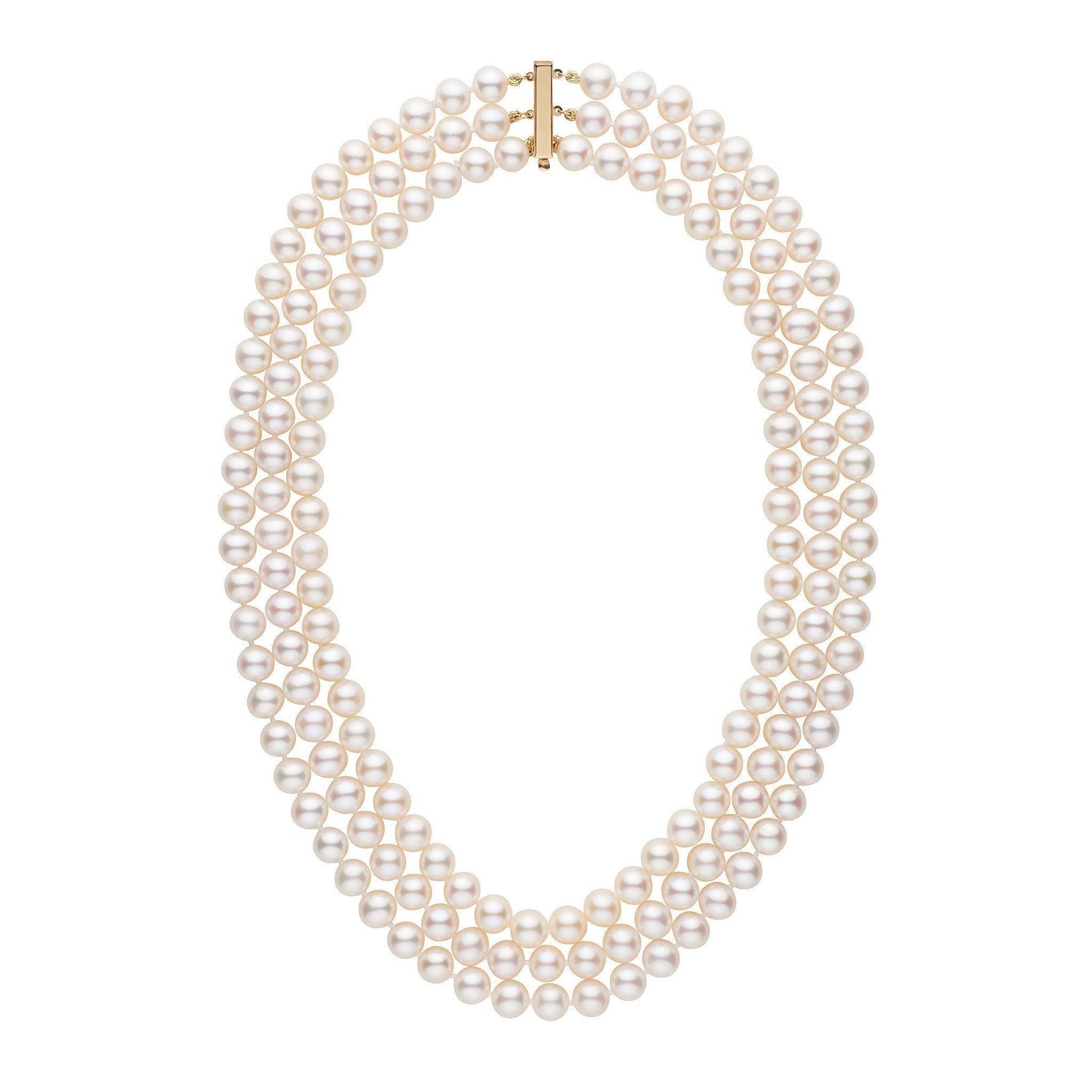 Triple Strand 8.5-9.0 mm AAA White Freshwater Pearl Necklace Yellow Gold