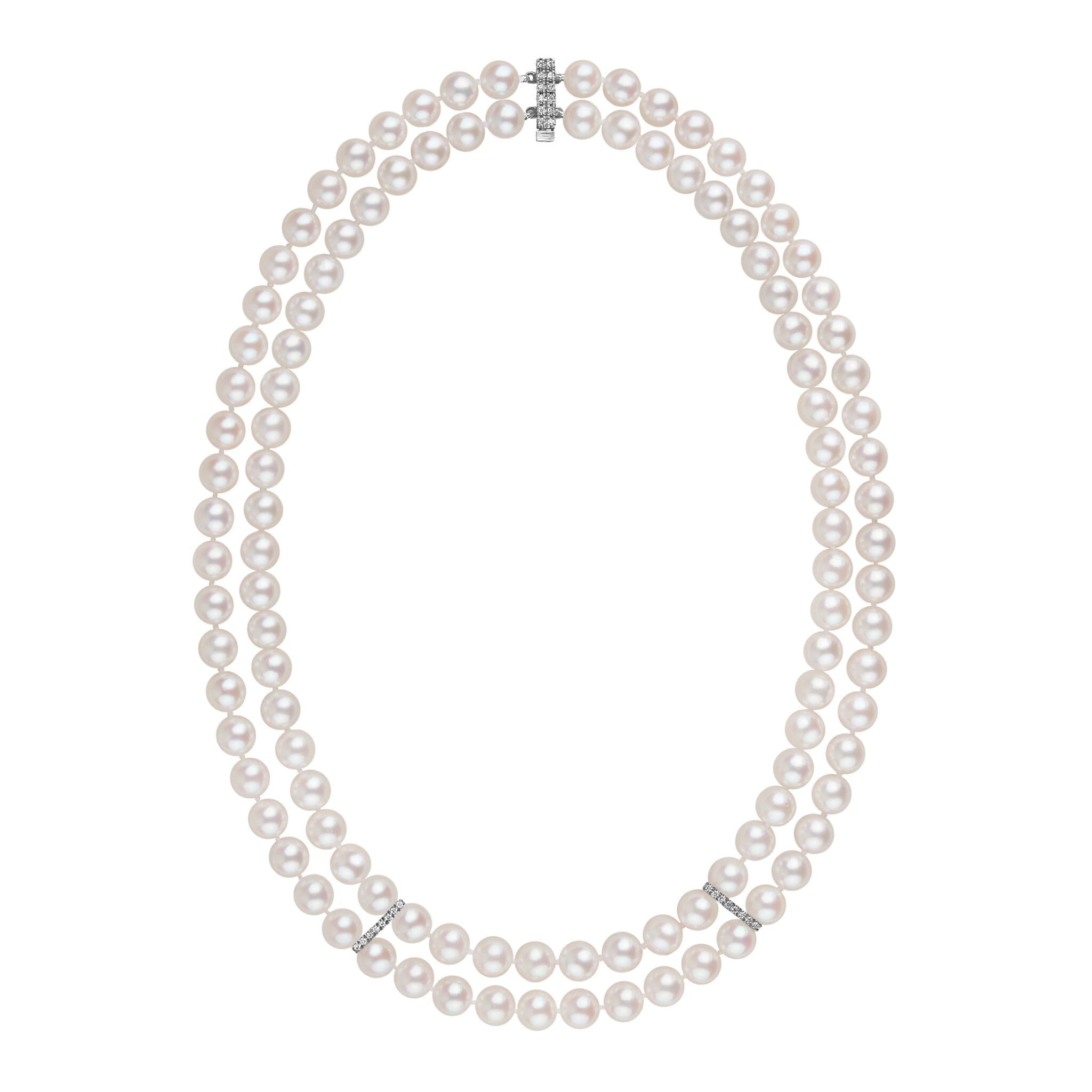 7.0-7.5 mm Double Strand White AAA Akoya Pearl and Diamond Necklace