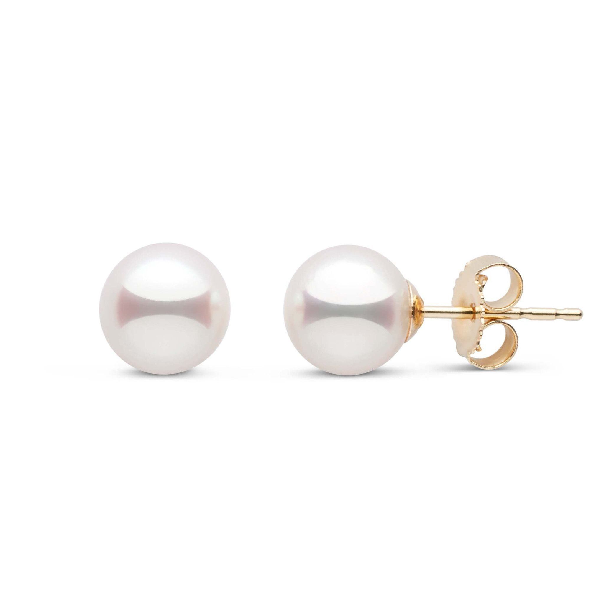6.5-7.0 mm White Akoya AAA Pearl Stud Earrings Yellow Gold
