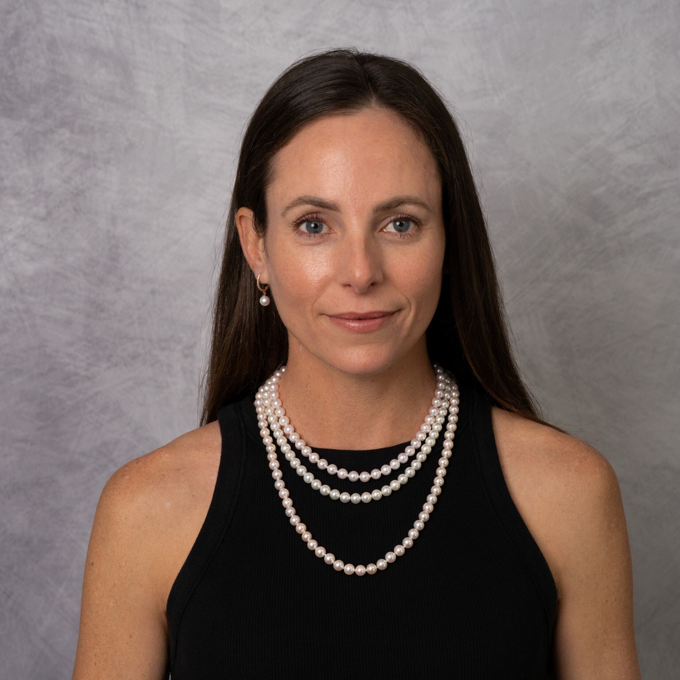 Model Wearing 7.5-8 mm Akoya pearl strands in 16, 18 and 22 inches