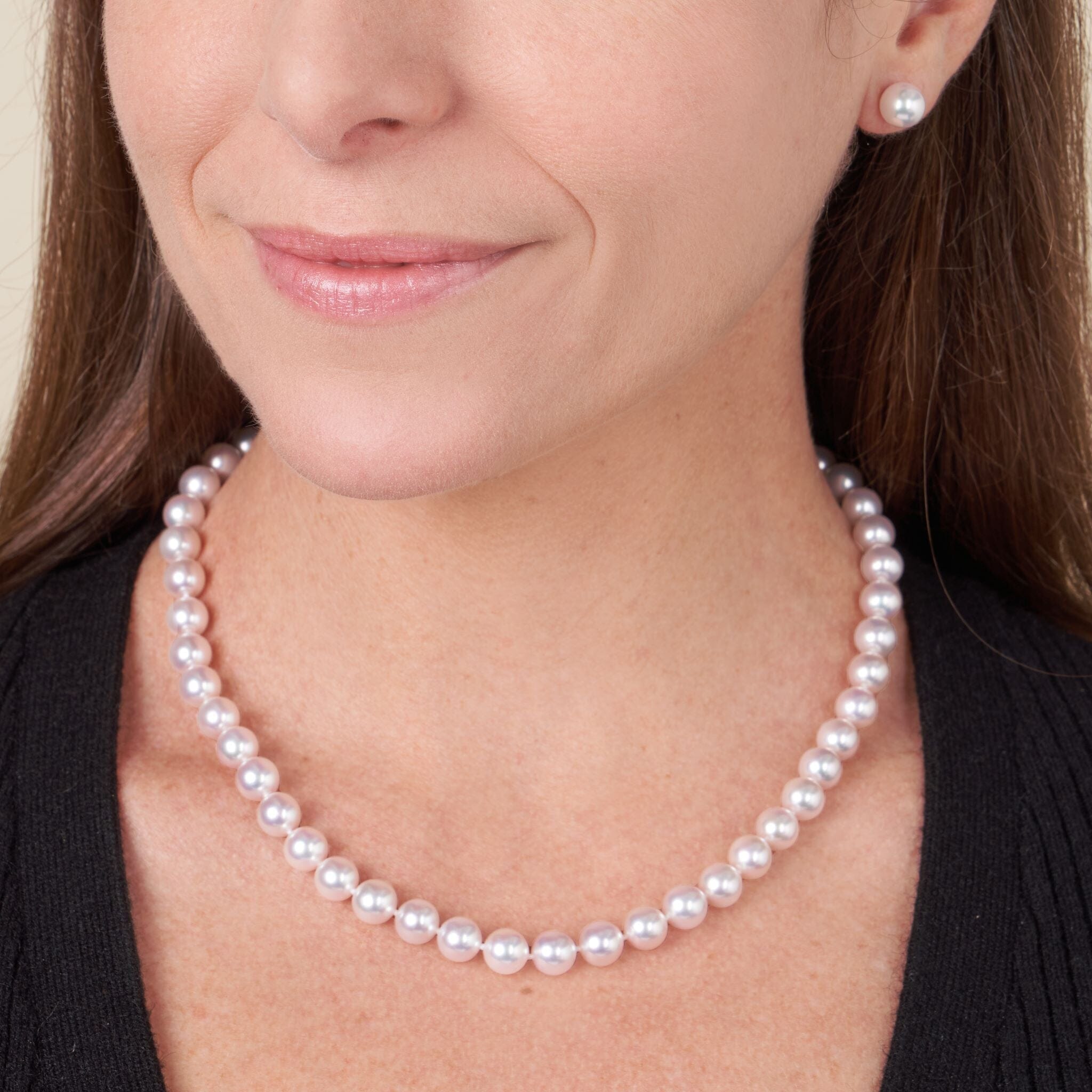 8.0-8.5 mm 18 inch White Hanadama Akoya Pearl Necklace on model