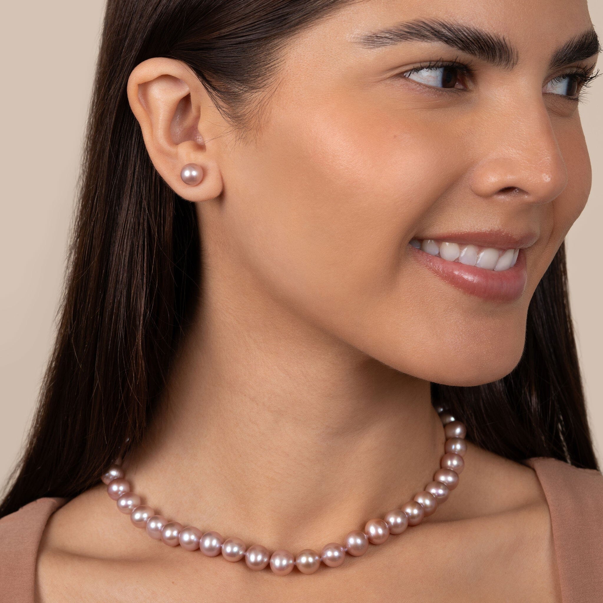 8.5-9.0 mm AA+ Lavender Freshwater Pearl Necklace 16 inch on model