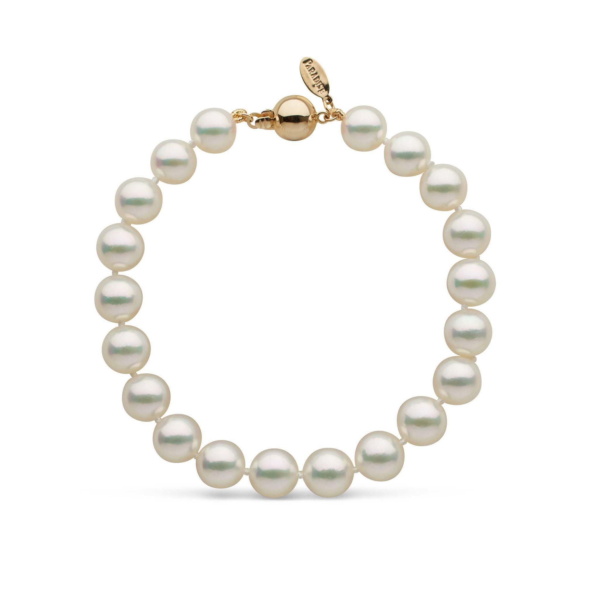 Lab Certified 8.0-8.5 mm Natural White Hanadama Akoya Pearl Bracelet Yellow Gold