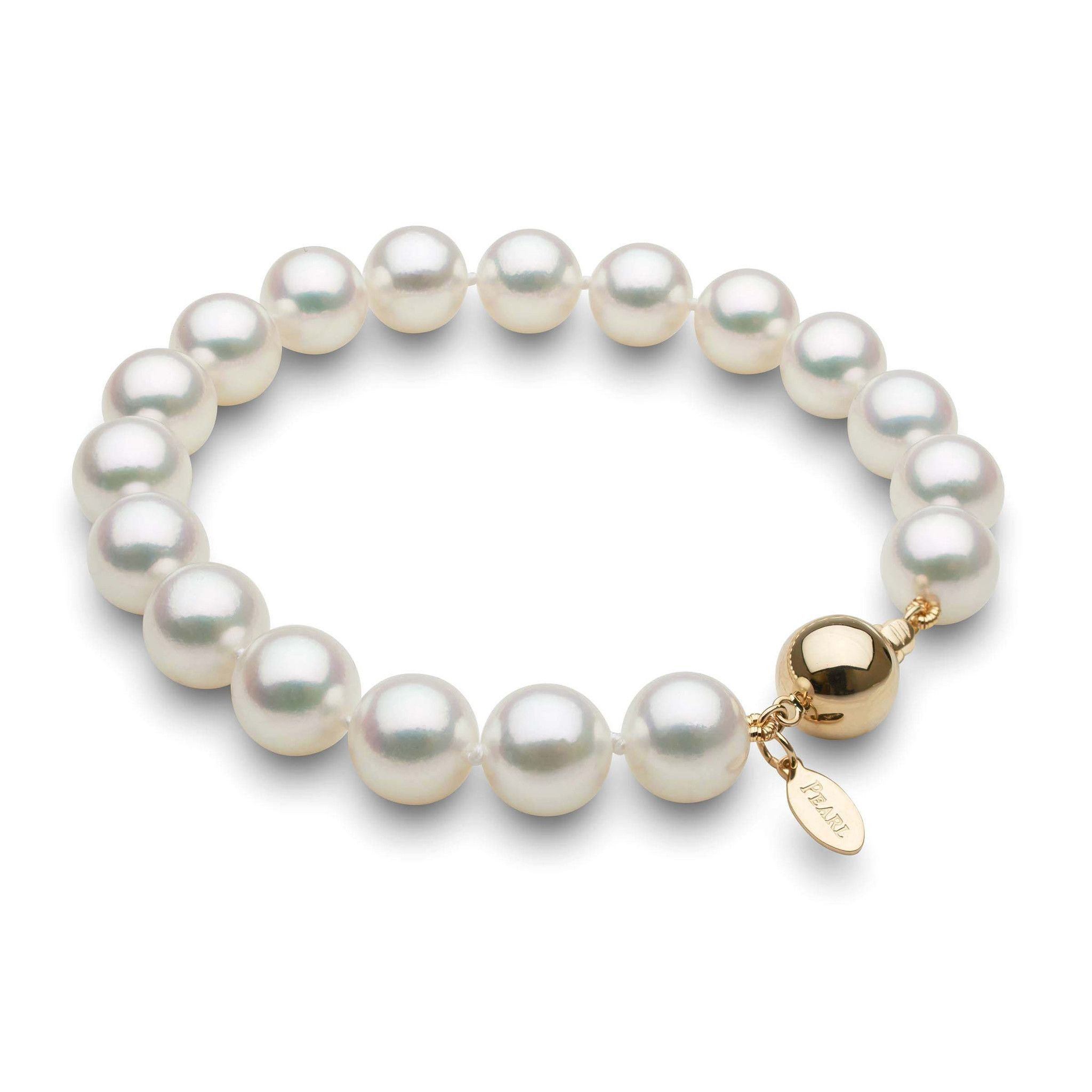 9.0-9.5 mm Natural White Hanadama Akoya Pearl Bracelet Yellow Gold