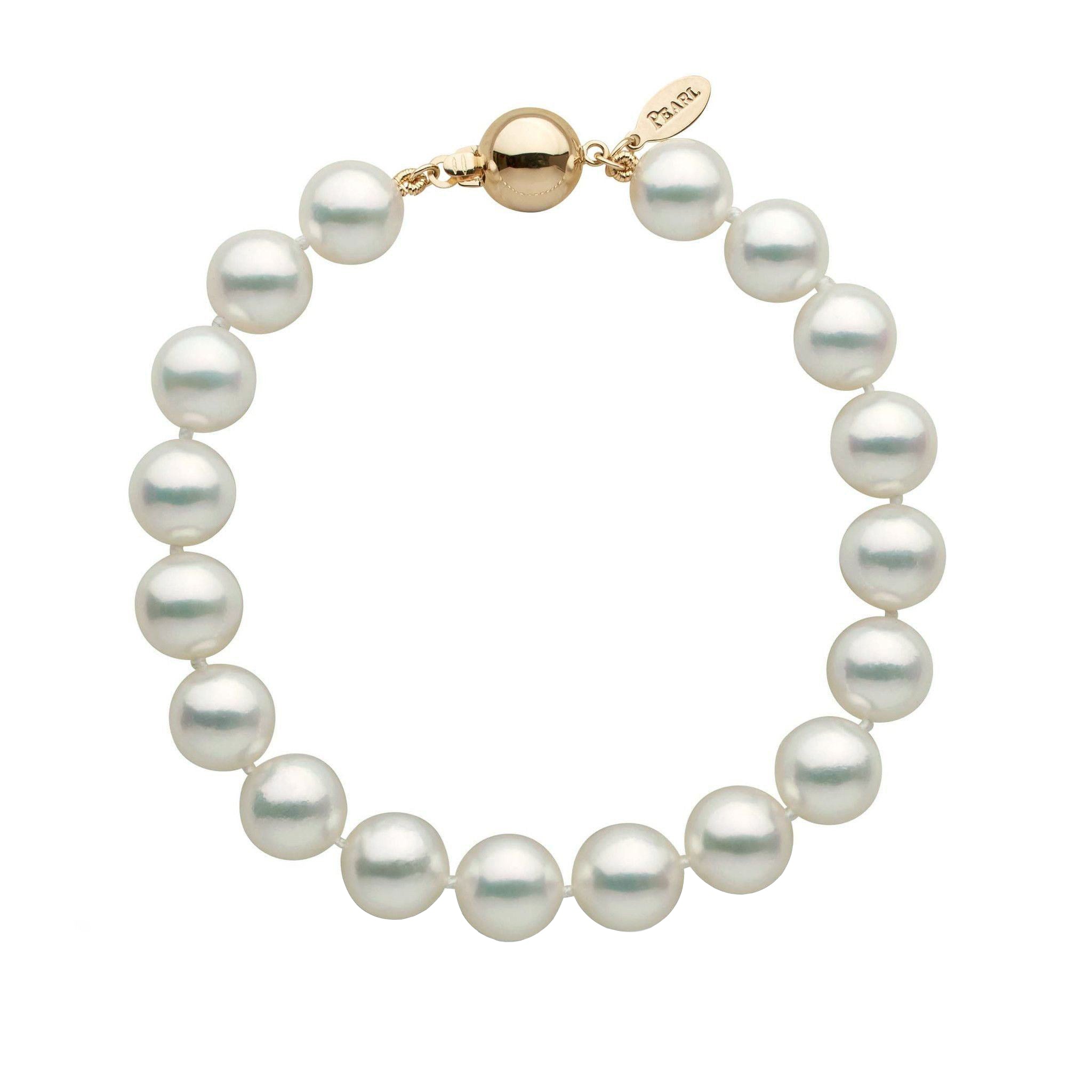 9.0-9.5 mm Natural White Hanadama Akoya Pearl Bracelet yellow gold