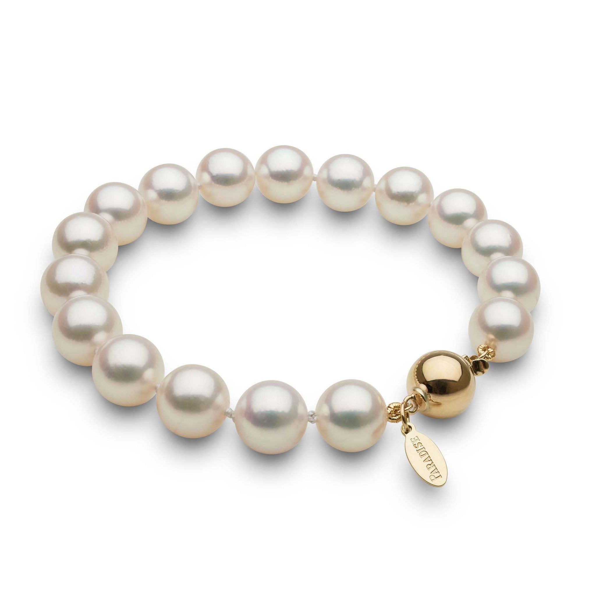 9.0-9.5 mm White Hanadama Akoya Pearl Bracelet Yellow Gold Close Up