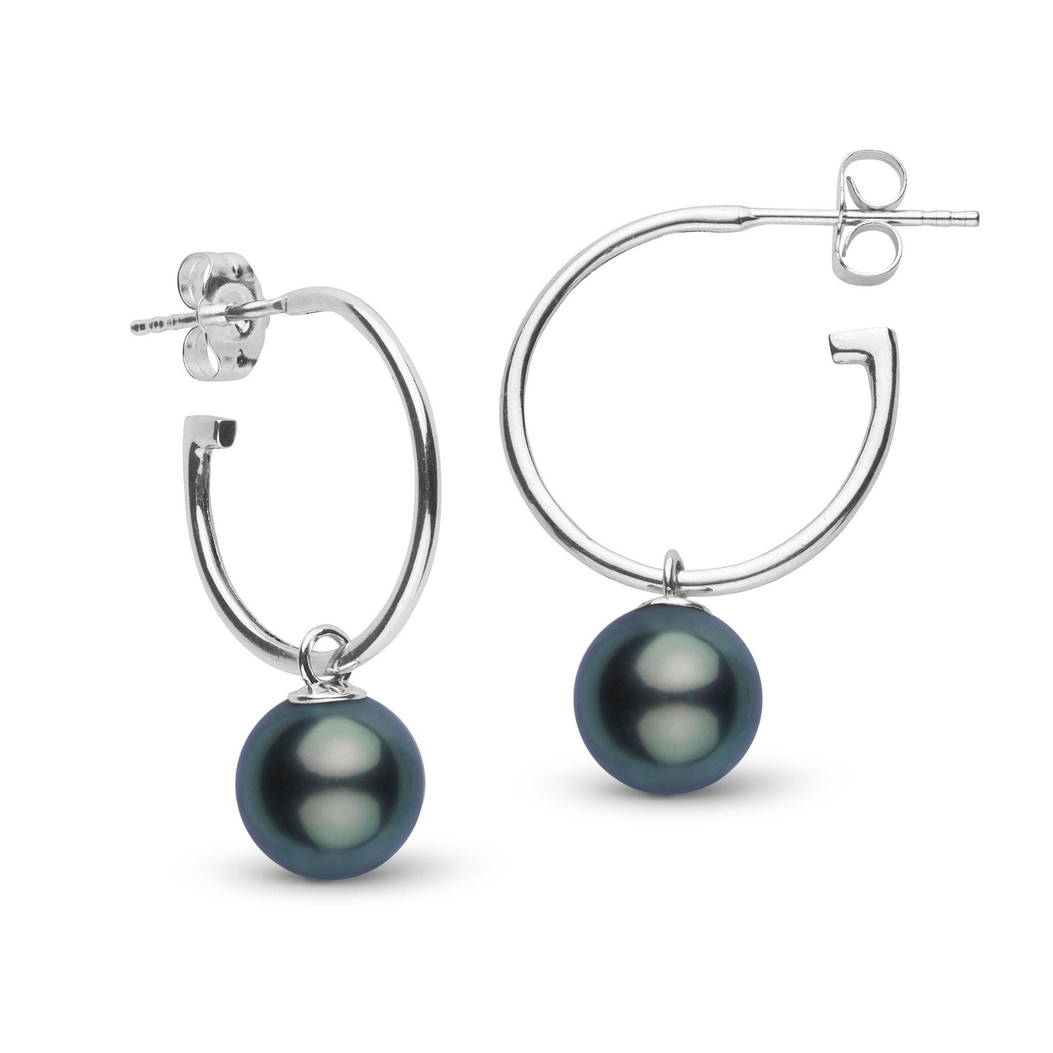 9.0-10.0 mm Tahitian Pearl Charm Hoop Earrings White Gold