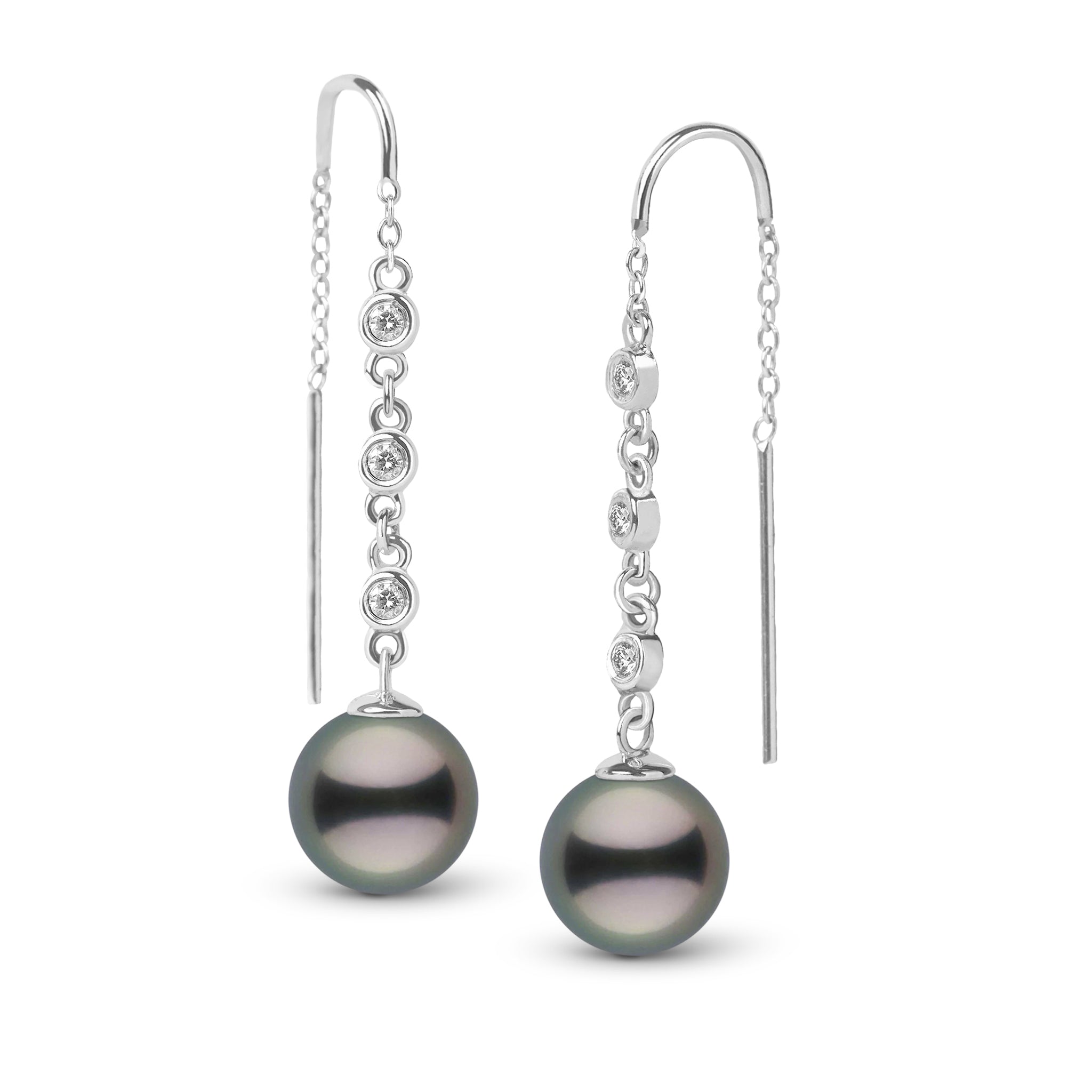 9.0-10.0 mm Tahitian Pearl and Diamond Threader Earrings White Gold