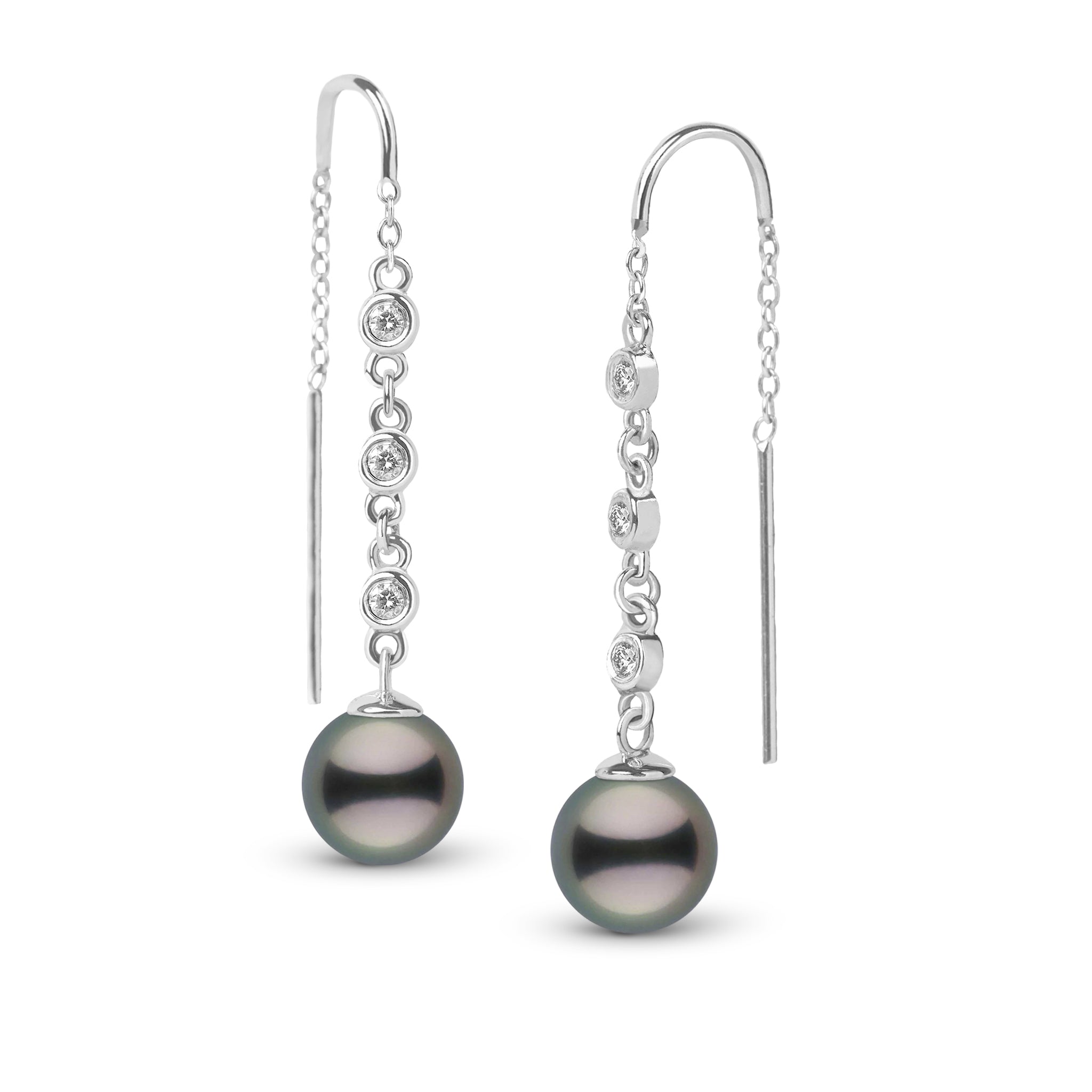 8.0-9.0 mm Tahitian Pearl and Diamond Threader Earrings White Gold