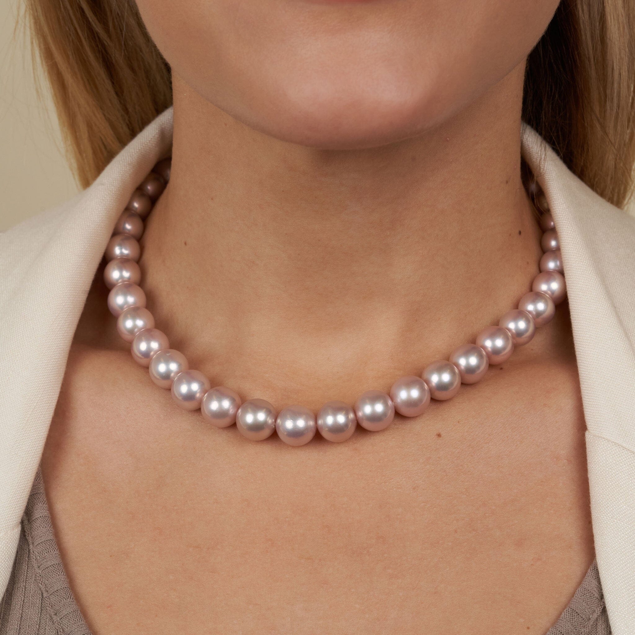 9.7-11.8 mm Rosewater Pink Edison Freshwater Pearl Necklace on model front