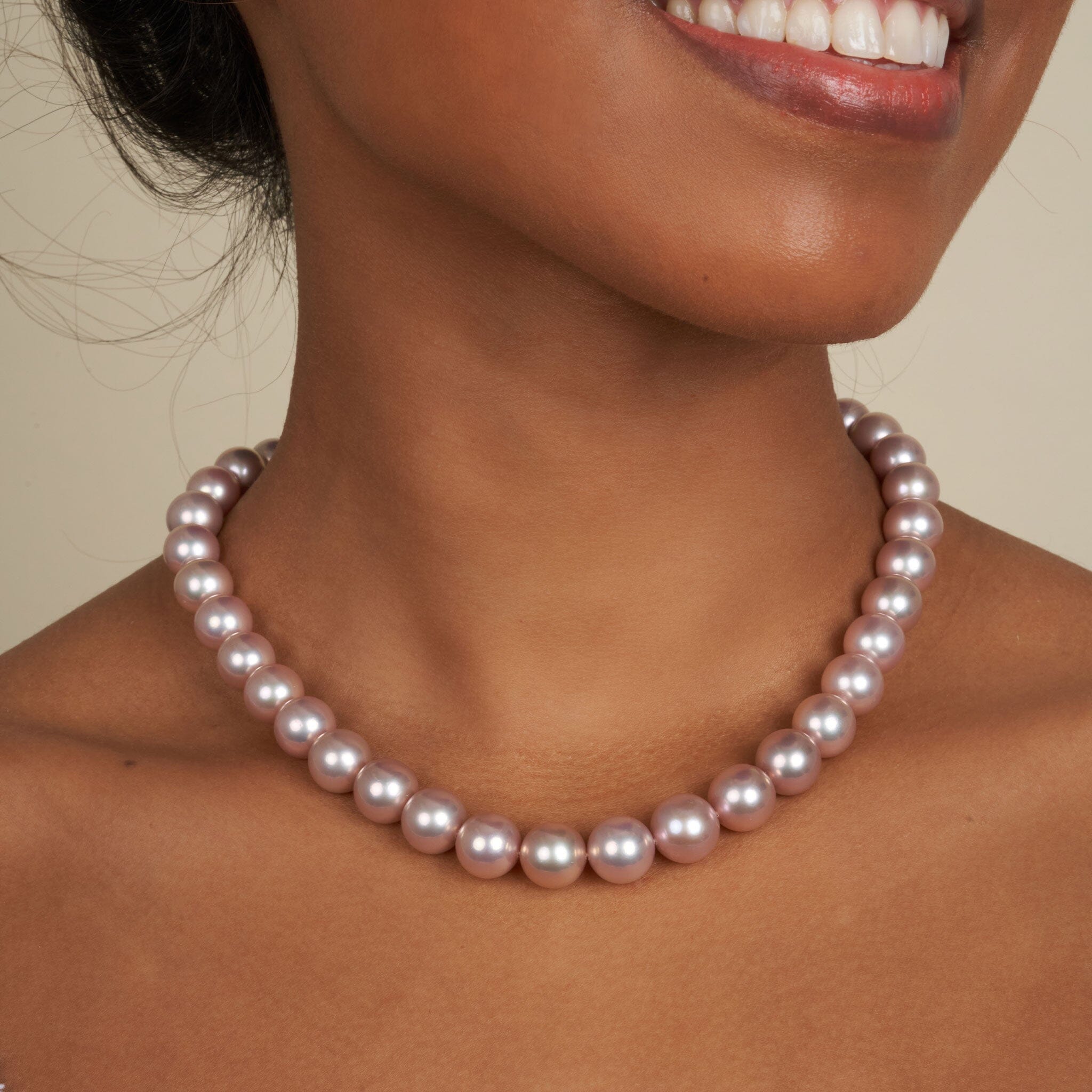 9.7-11.9 mm Rose Gold Pink Edison Freshwater Pearl Necklace on model