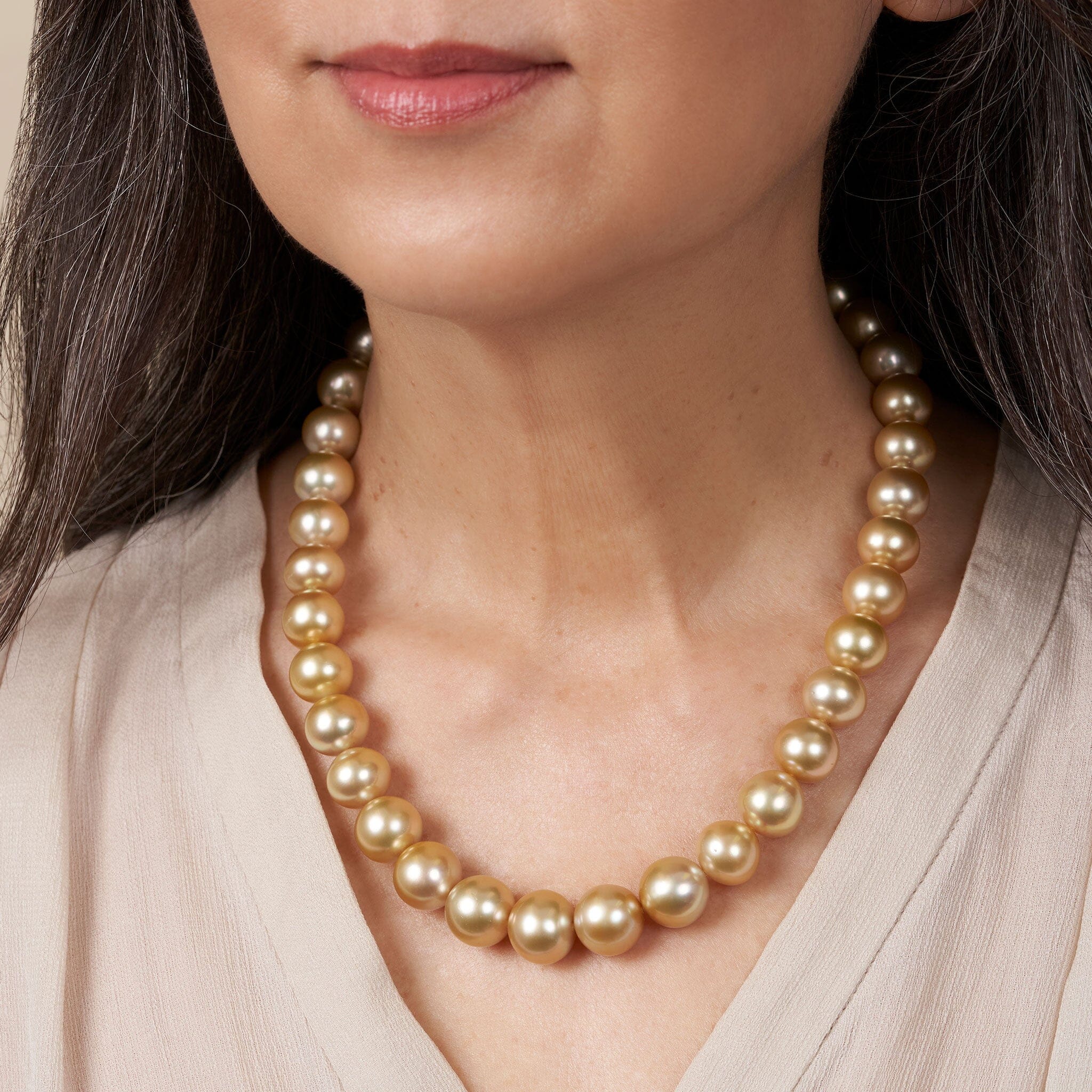 12.0-14.7 mm AA+/AAA Golden South Sea Round Pearl Necklace