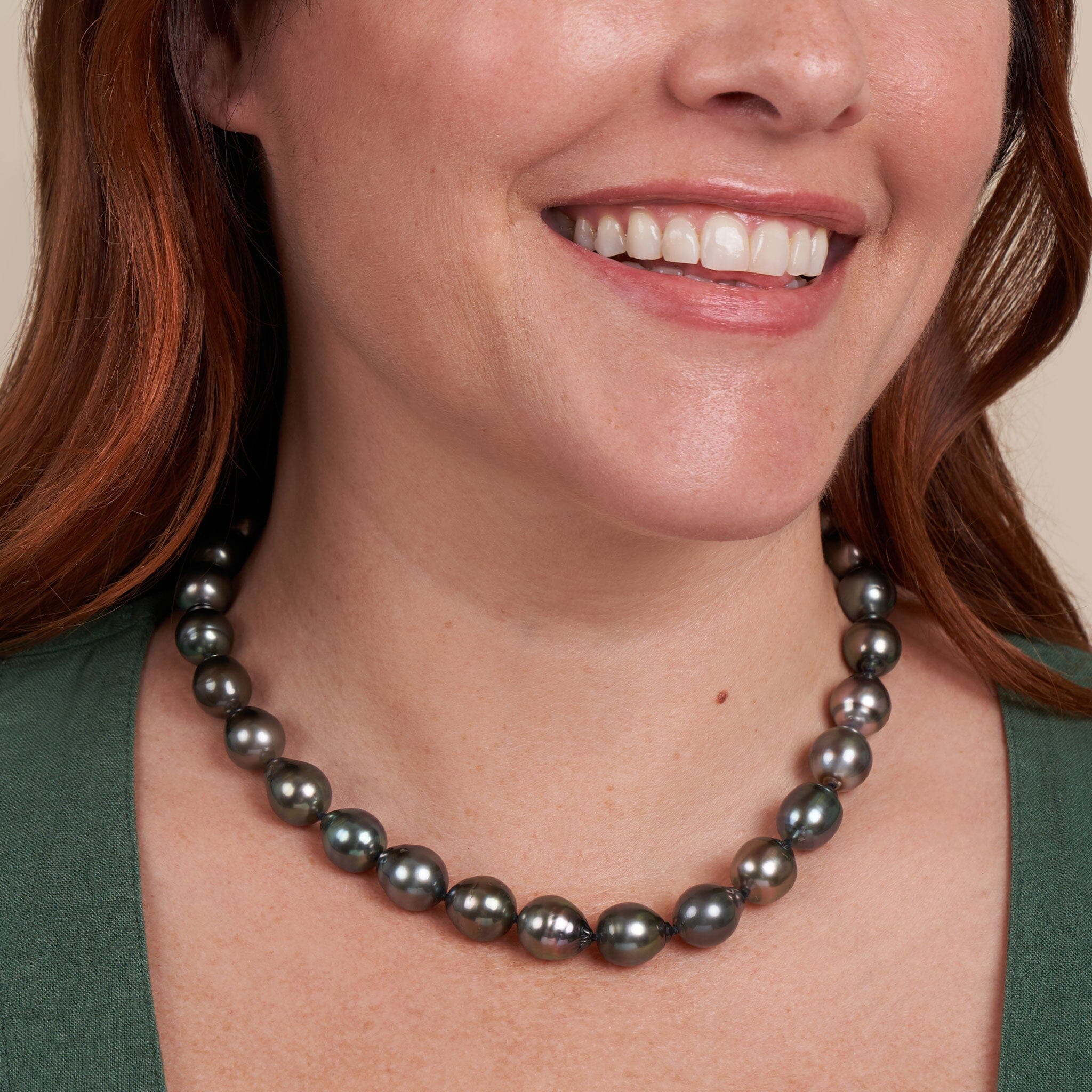 12.0-12.8 mm AA+/AAA Tahitian Drop Pearl Necklace on model