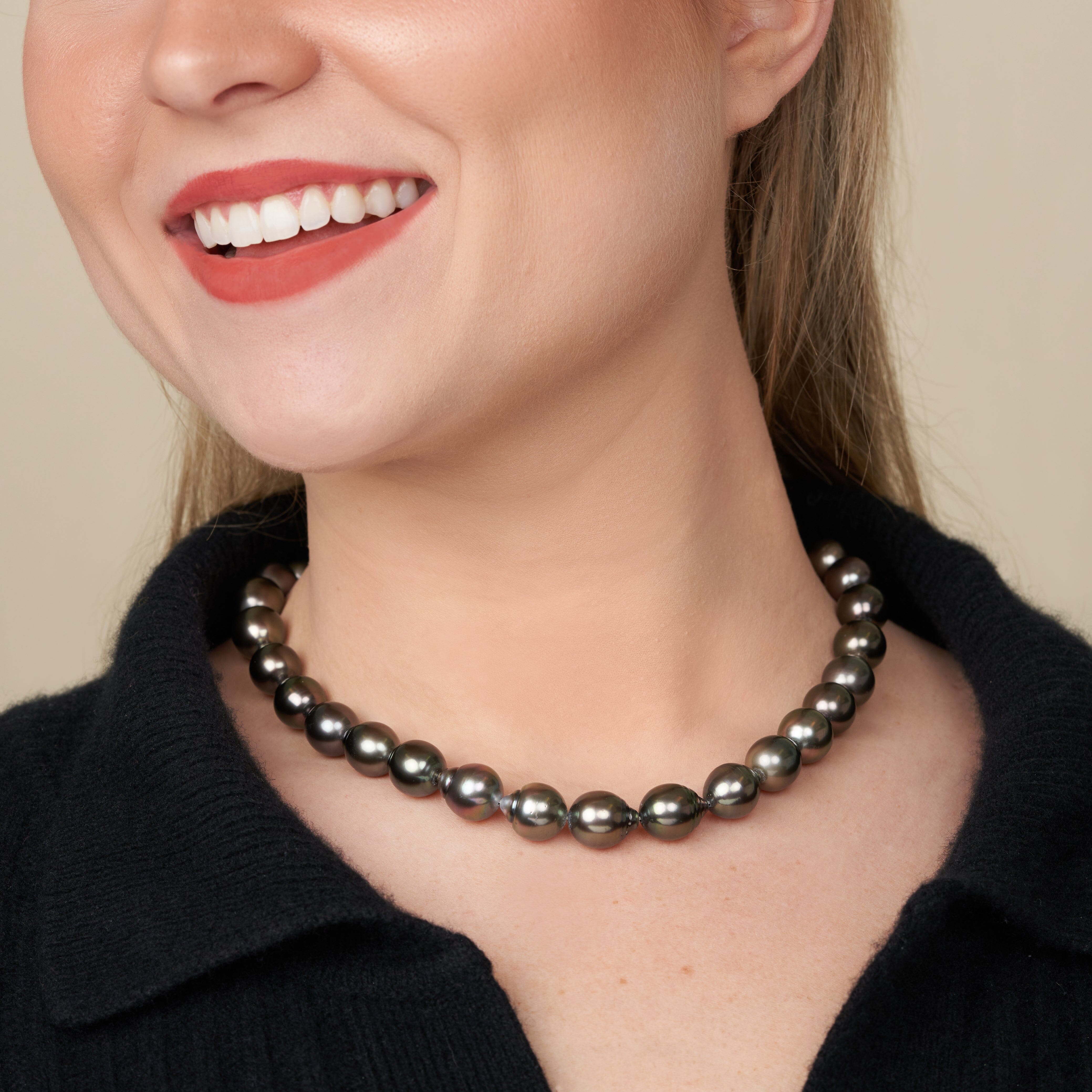 11.1-11.9 mm AAA Tahitian Drop Pearl Necklace on model