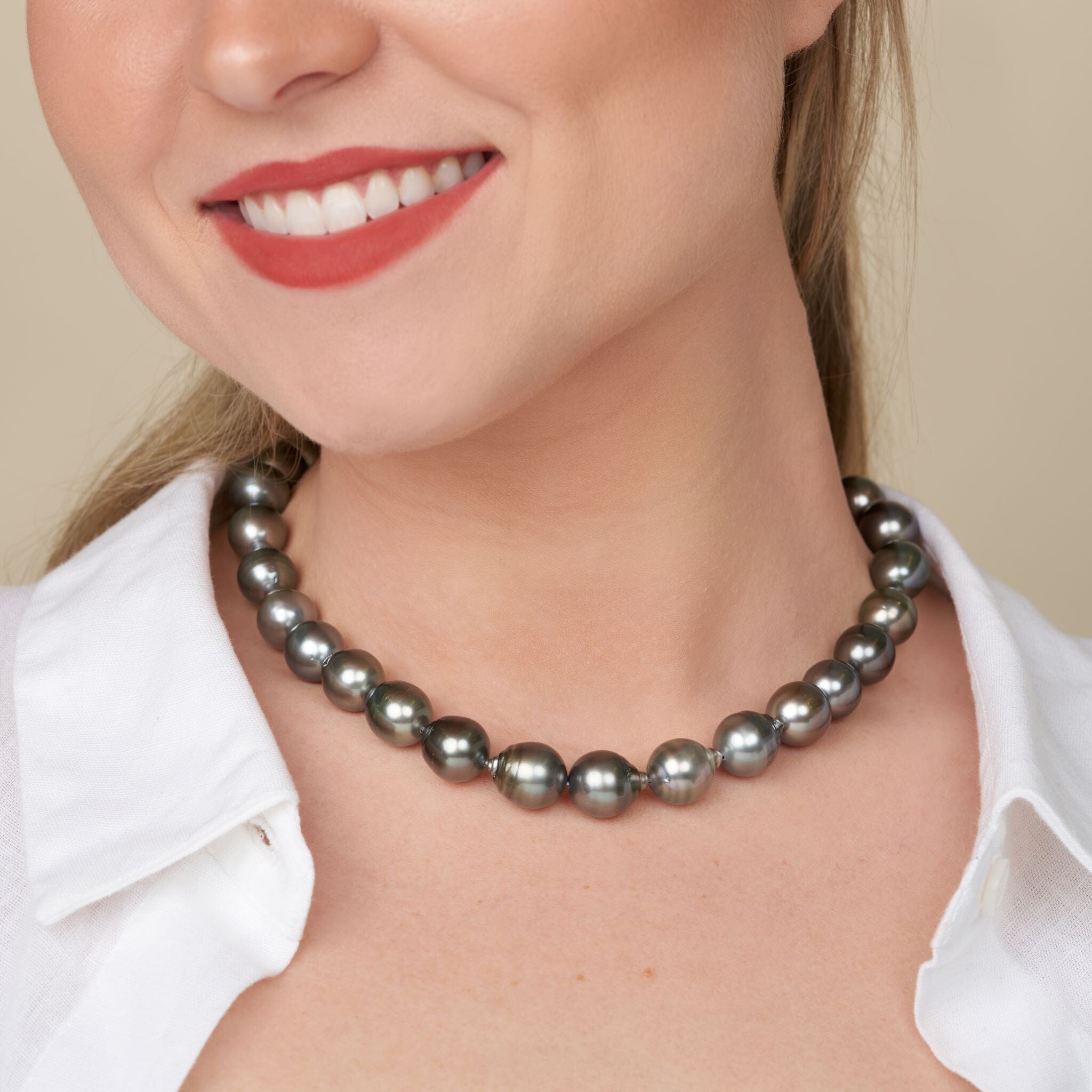 11.0-13.2 mm AA+ Baroque Tahitian Pearl Necklace on model

