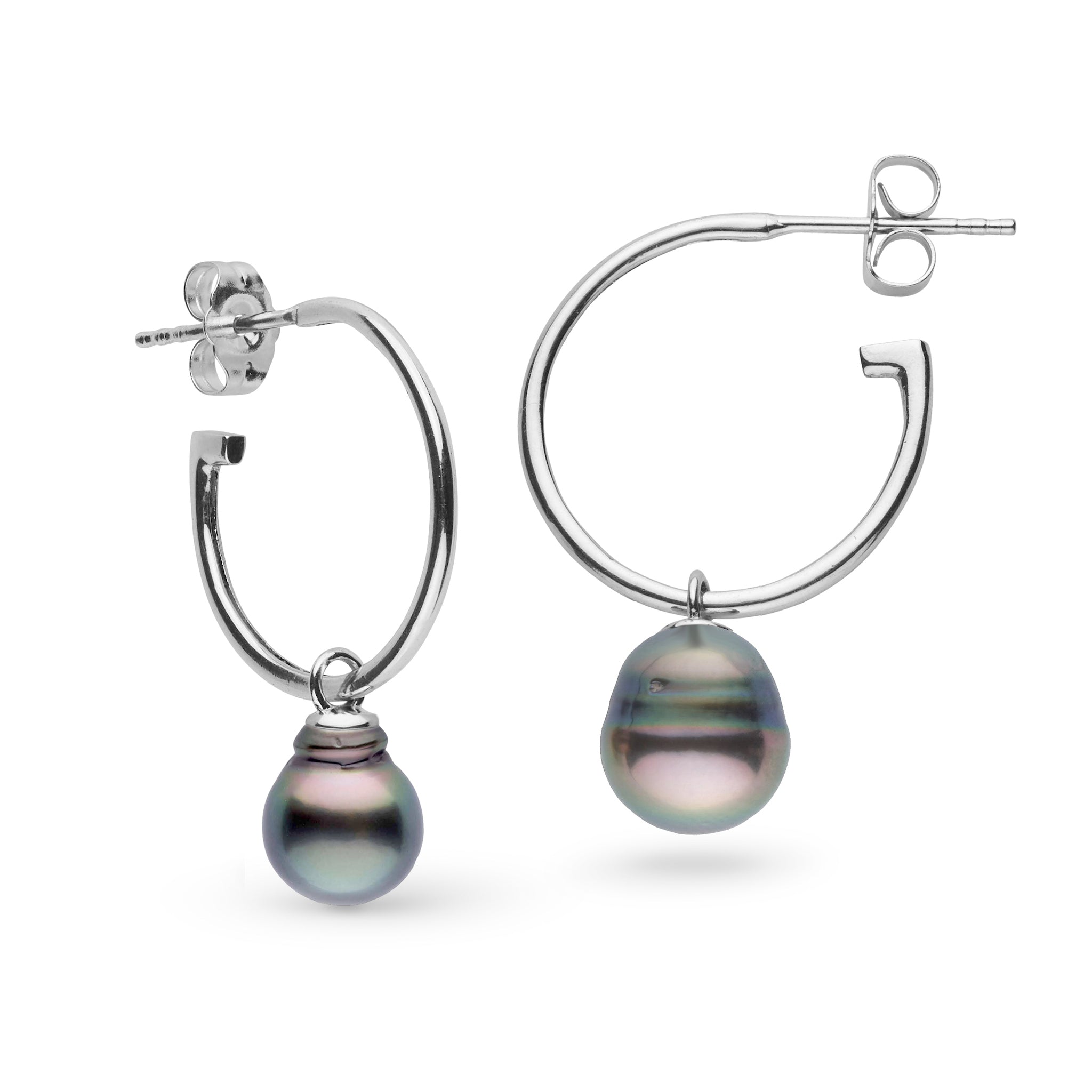 8.0-9.0 mm Tahitian Baroque Pearl Charm Hoop Earrings white gold