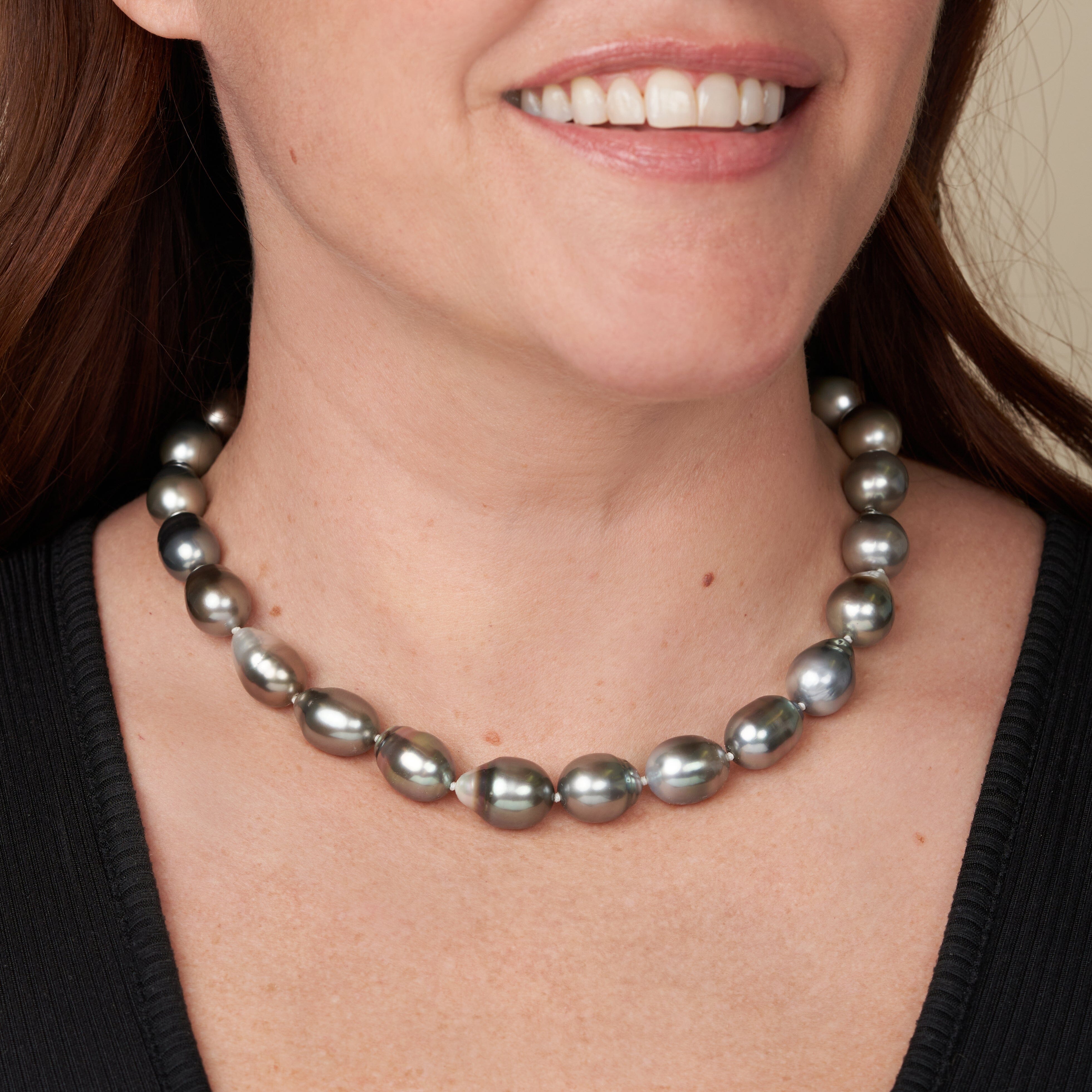 11.4-13.8 mm AAA Baroque Tahitian Pearl Necklace on model
