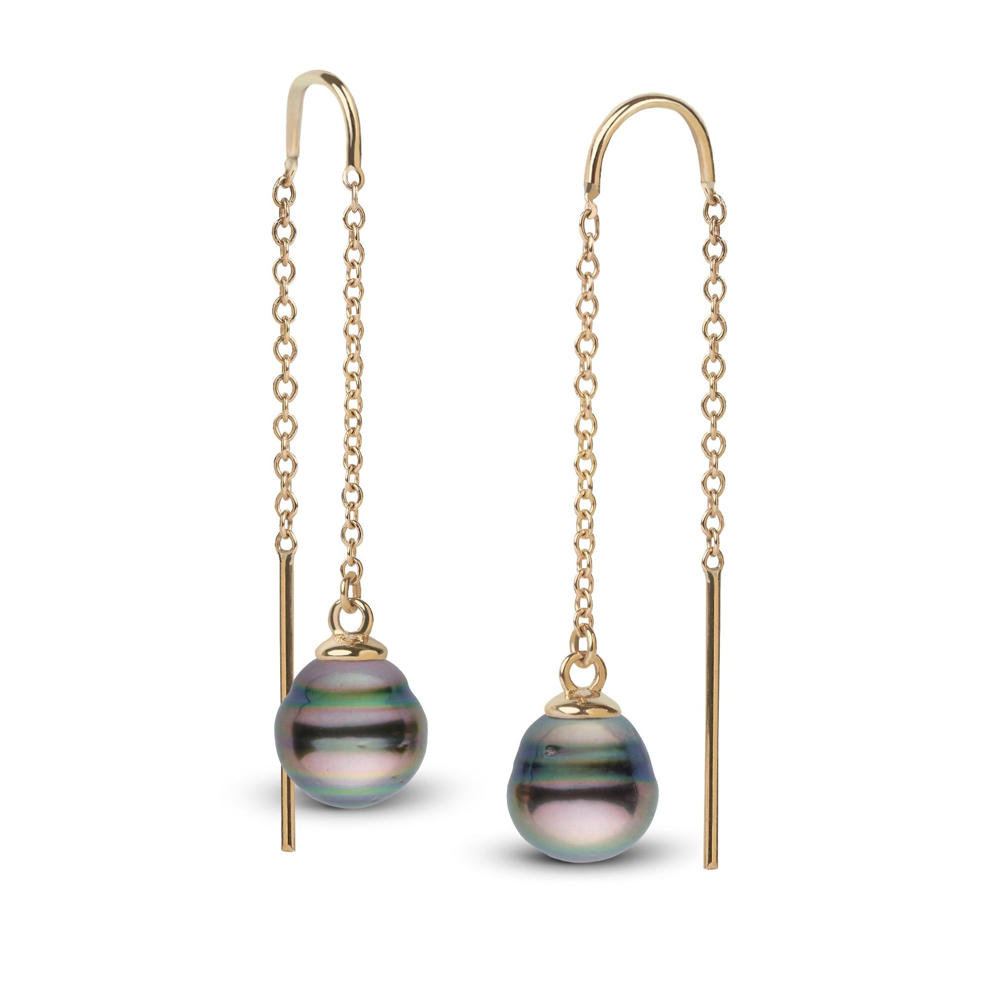 8.0-9.0 mm Tahitian Baroque Pearl Threader Earrings Yellow Gold
