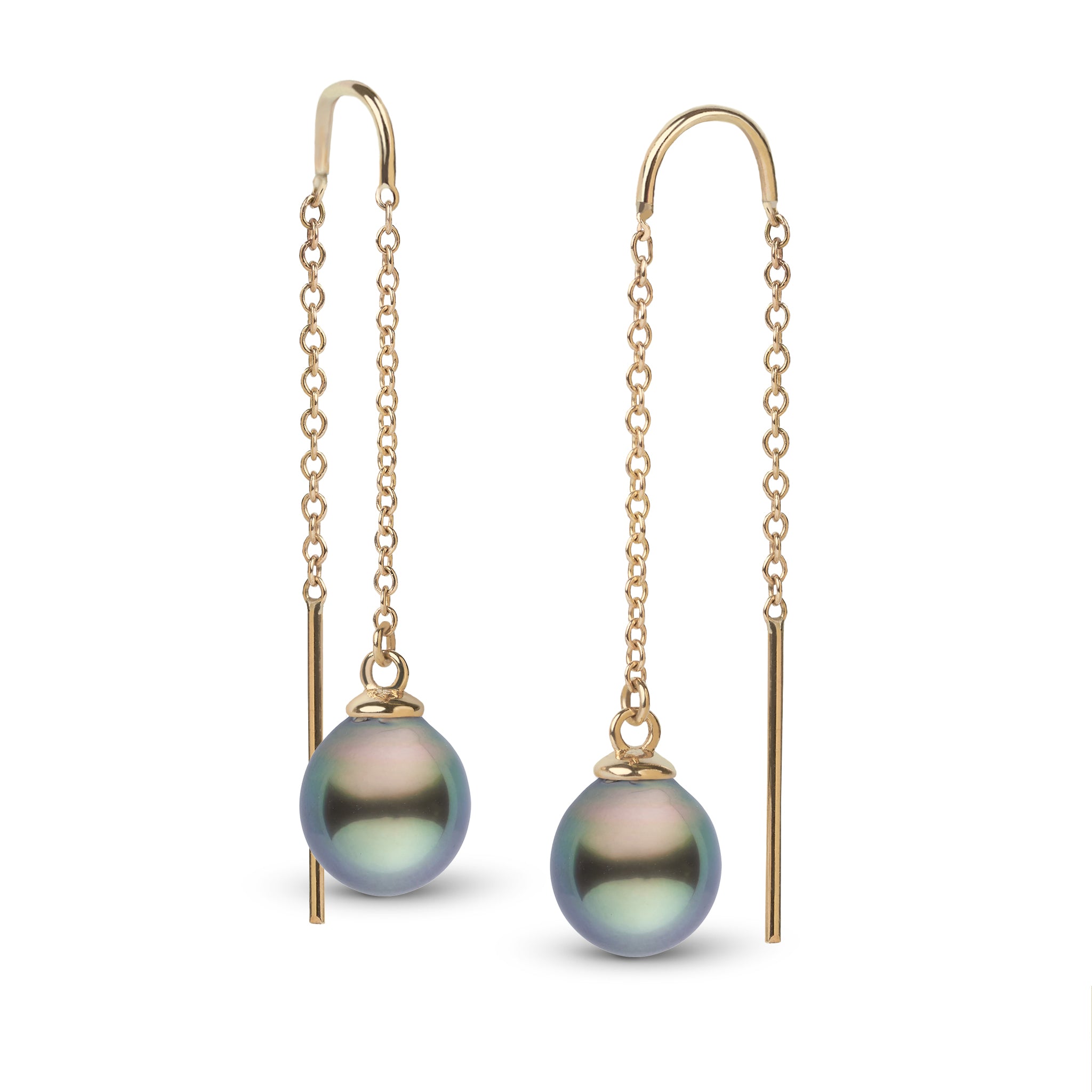 9.0-10.0 mm Tahitian Drop Pearl Threader Earrings Yellow Gold